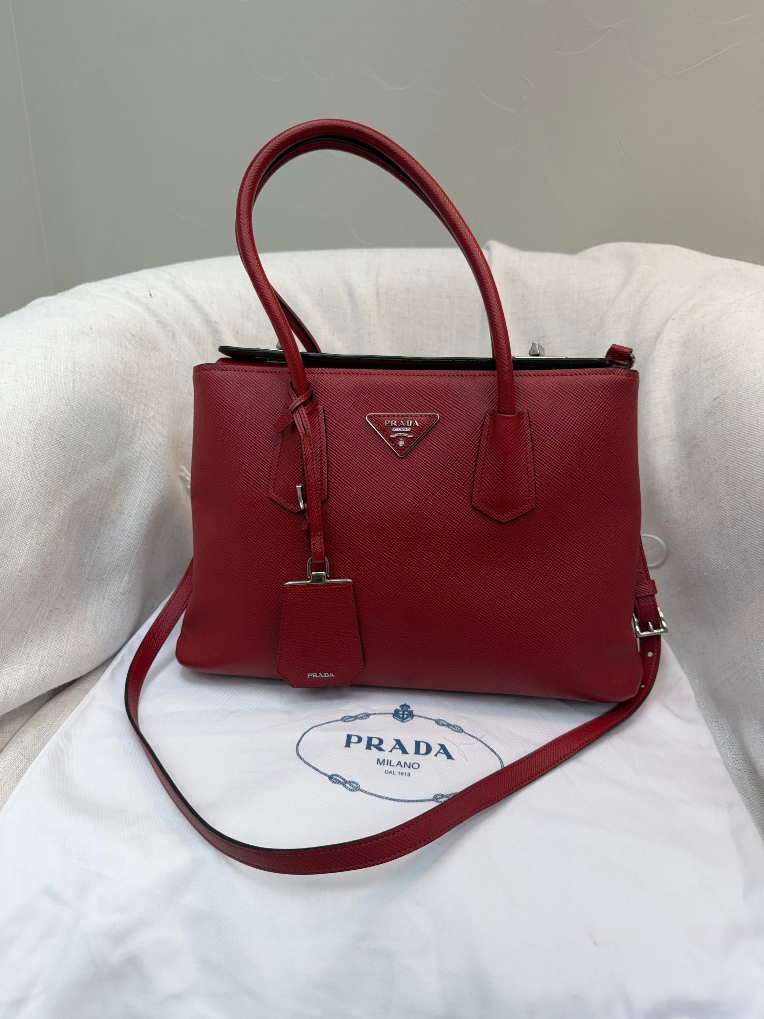 Prada Red Saffiano Leather Turnlock 2way Tote Bag