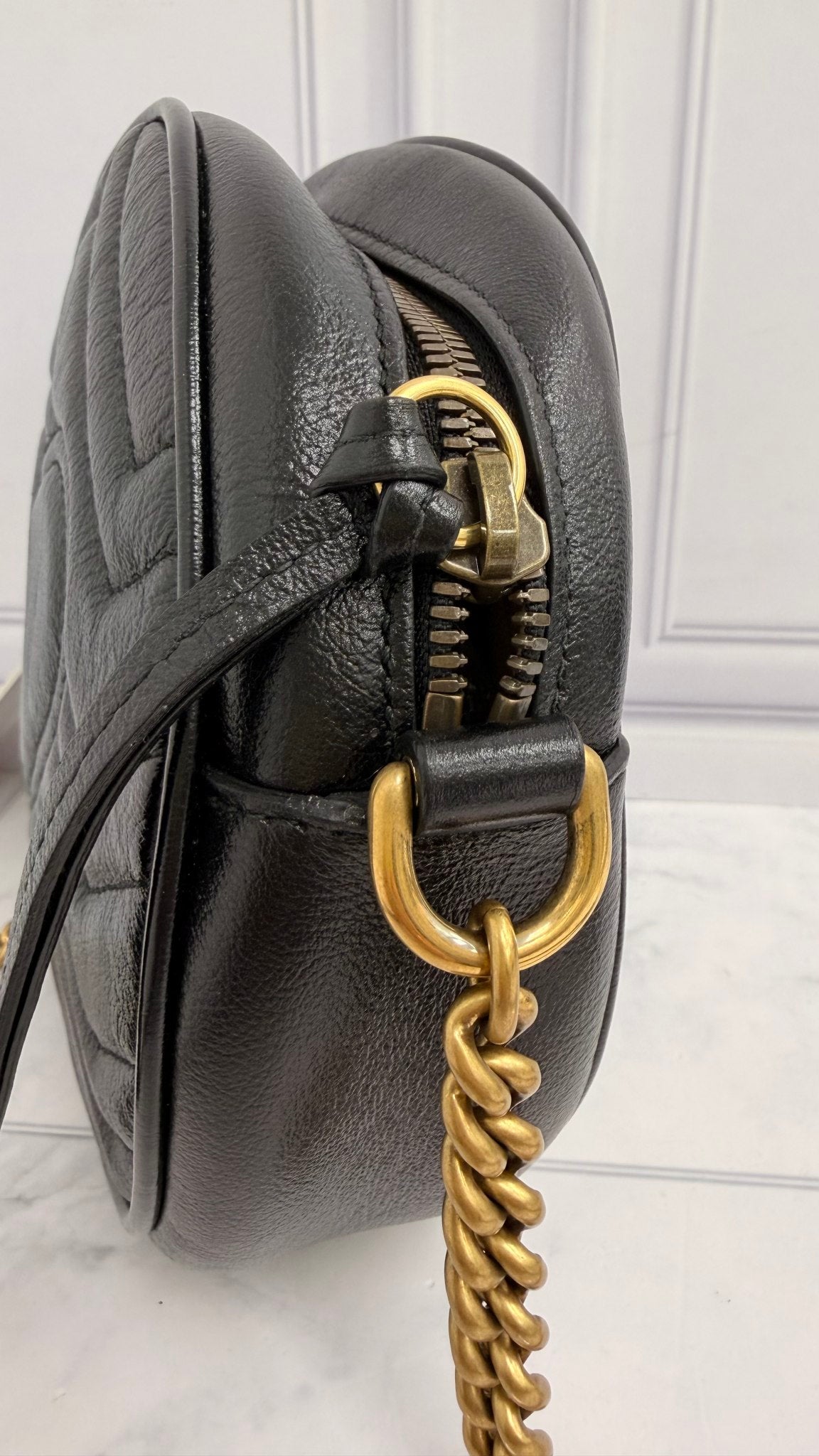 Gucci Black Chevron Matelasse Leather GG Marmont Mini Round Shoulder Bag
