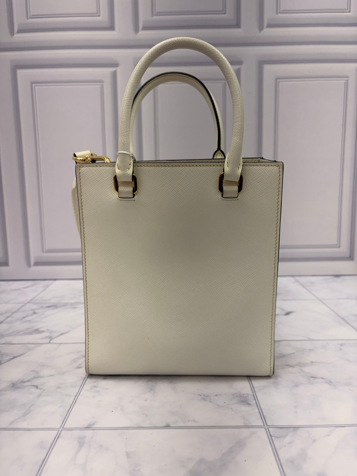 Prada Off White Saffiano Leather Mini Tote Bag