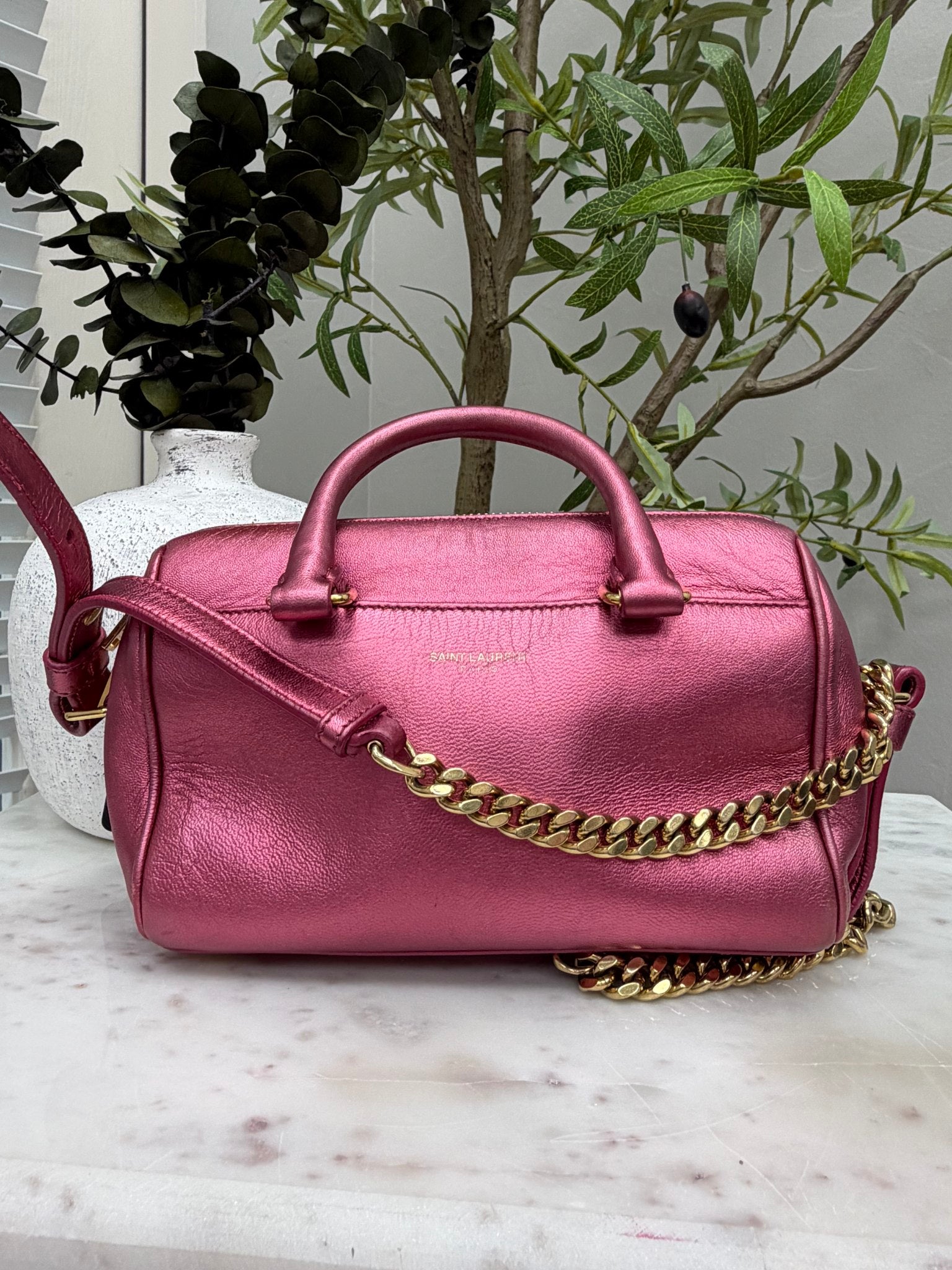 Saint Laurent YSL Metallic Pink Toy Duffle Bag