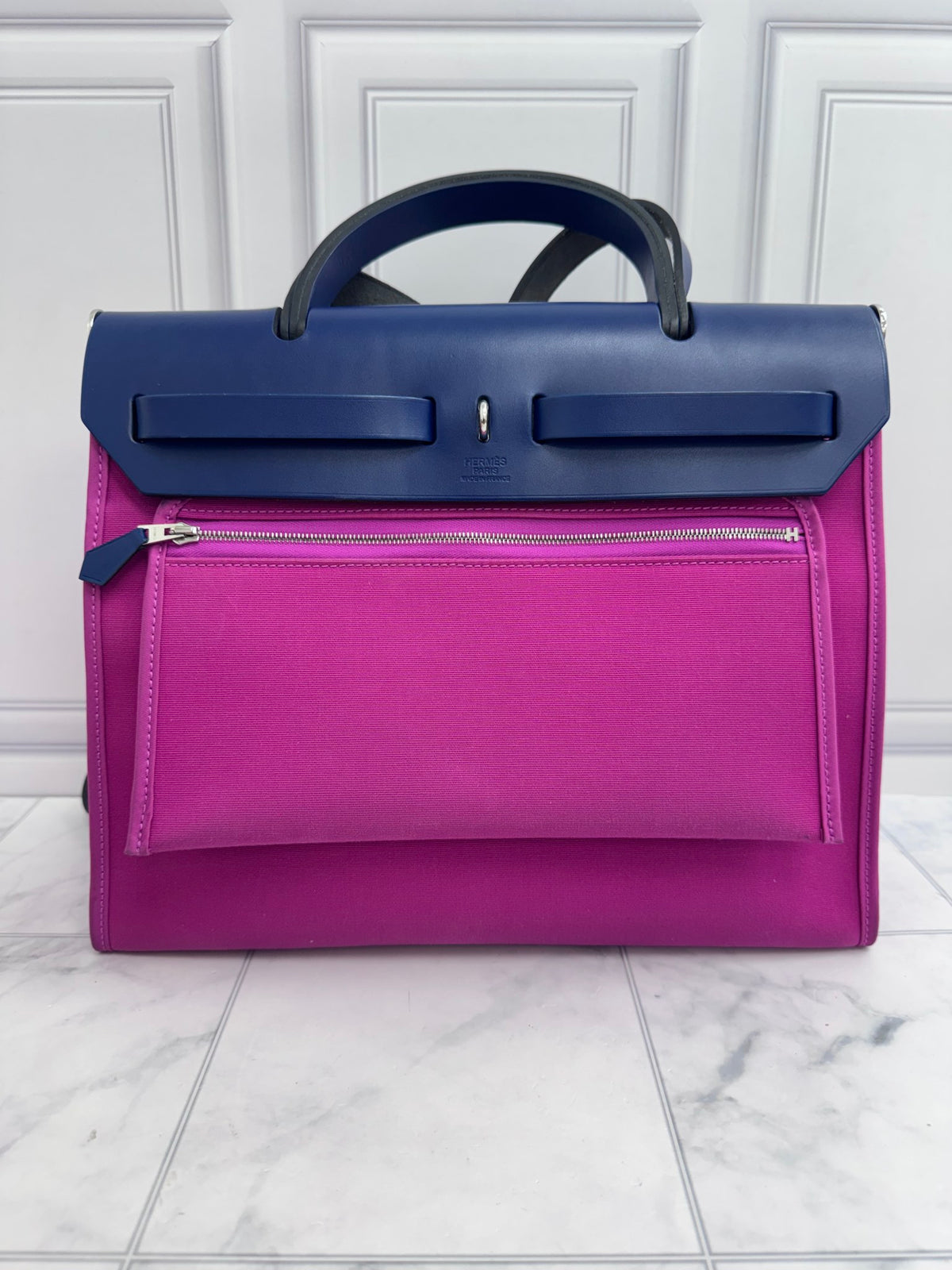 Hermes Magnolia Pink Toile Canvas & Sapphire Blue Vache Hunter Leather Zip Herbag 31