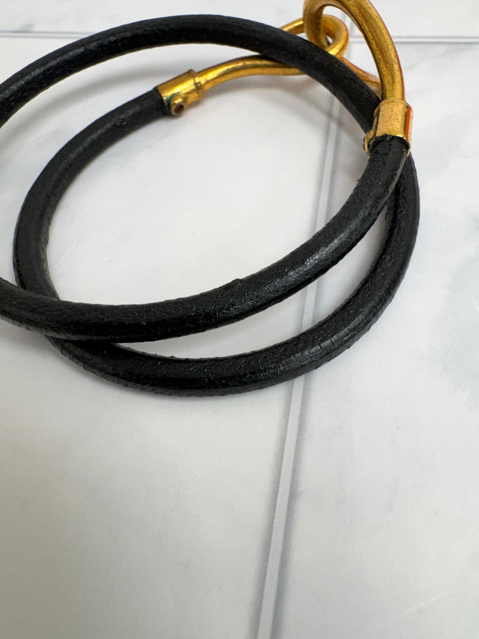 Hermes Black Leather And Gold Jumbo Hook Double Tour Bracelet