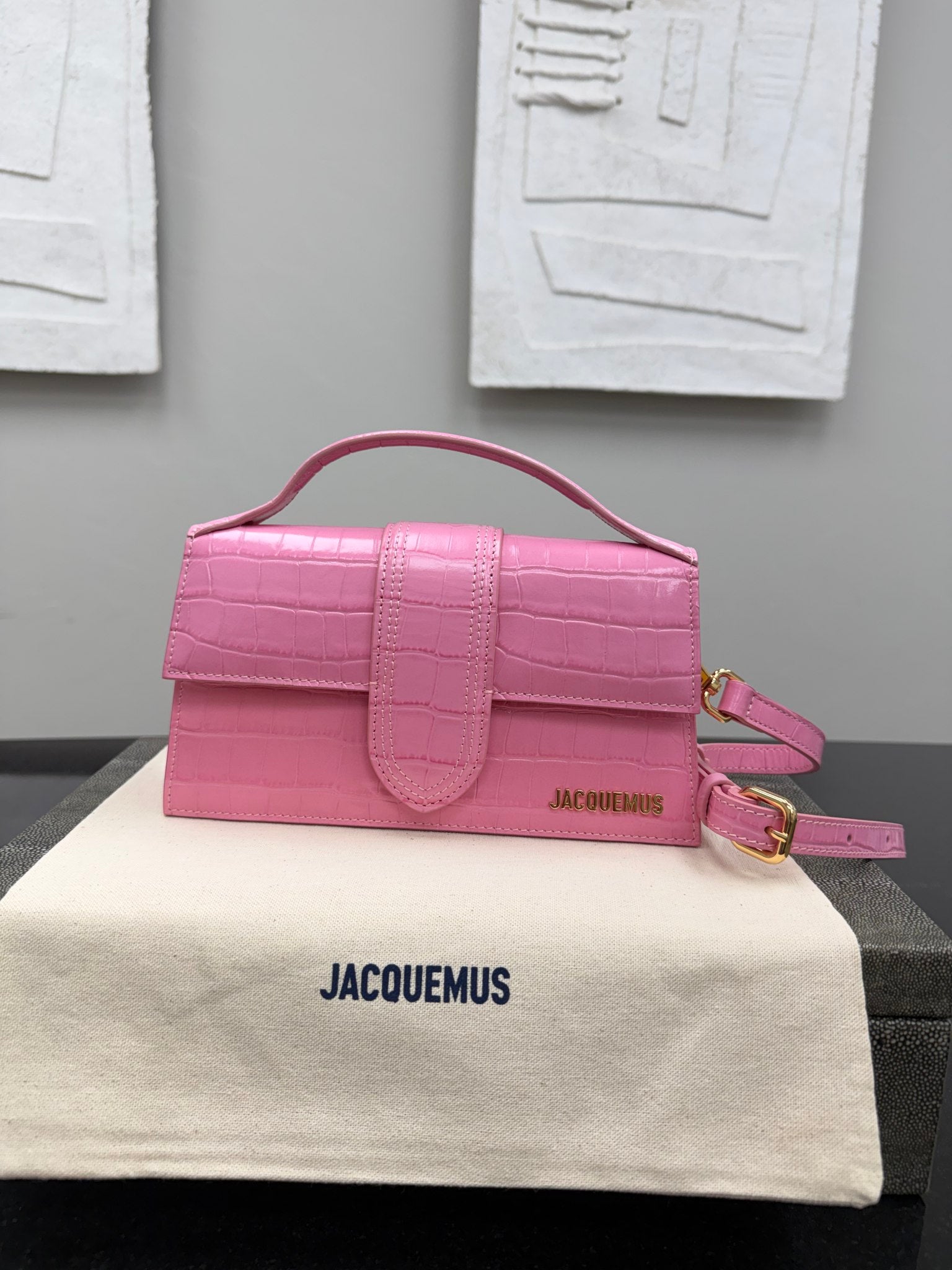 BRAND NEW - Jacquemus Pink Croc Embossed Leather Le Grand Bambino Handbag 2Way Handbag