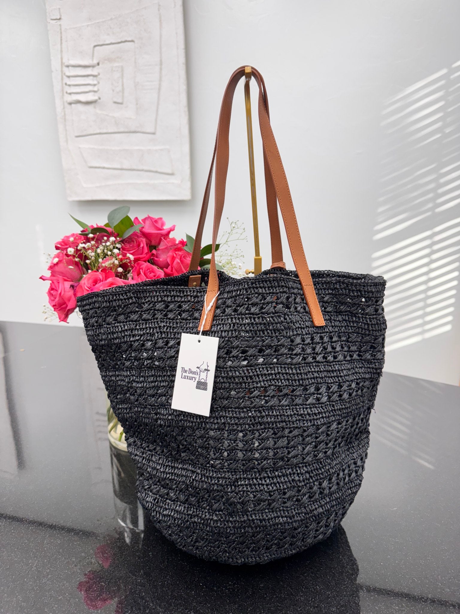 Saint Laurent YSL Black Raffia Panier Medium Tote Bag