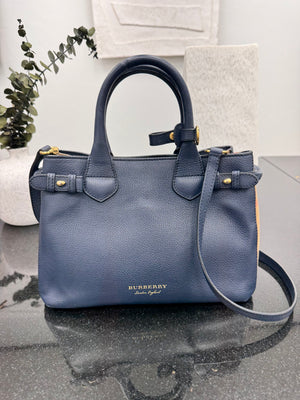 Burberry Navy Blue Grained Leather Small Tote Bag