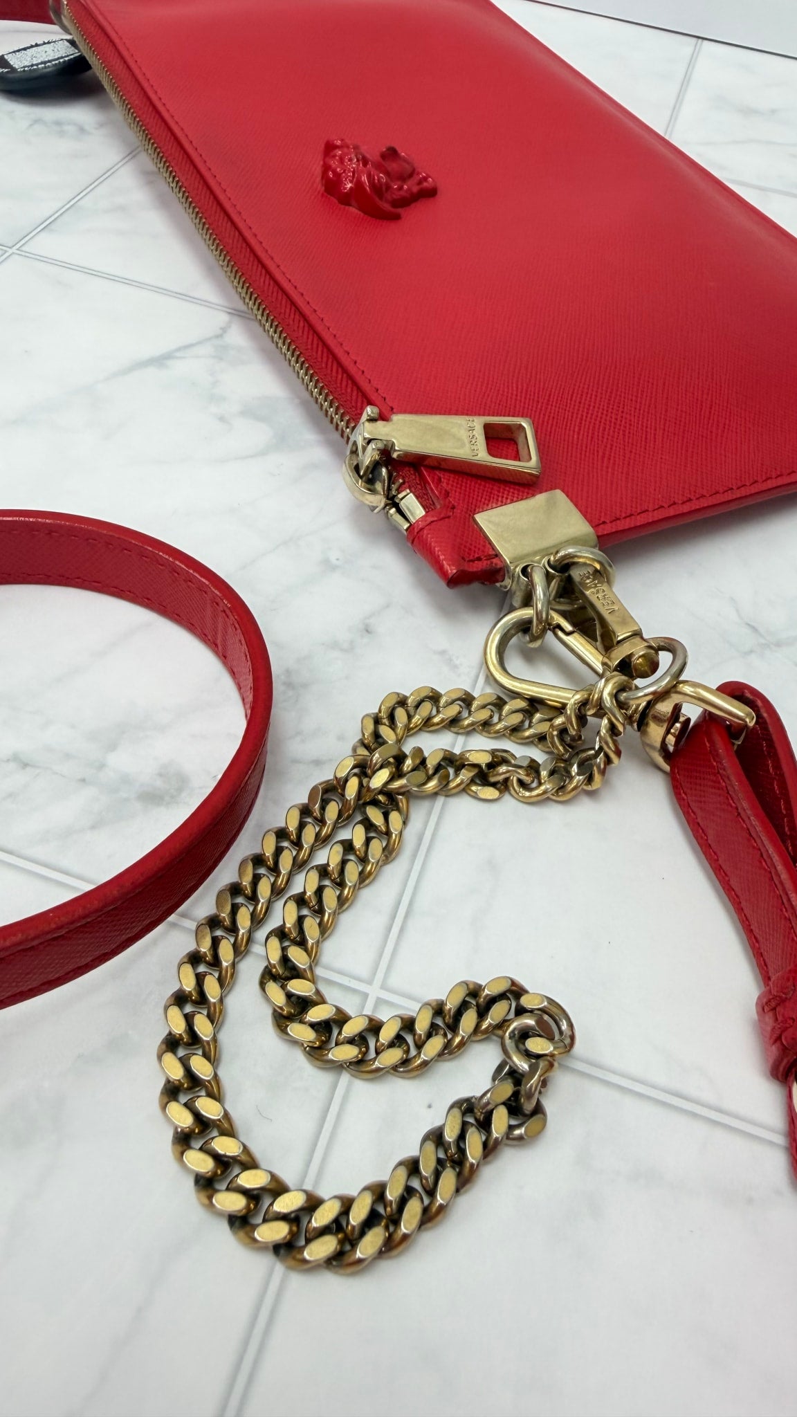 Versace Red Leather Monochrome Medusa Wristlet Crossbody