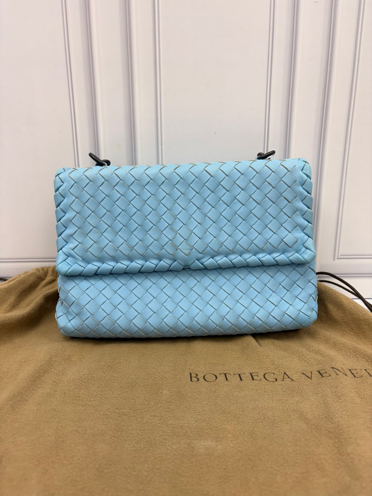 Bottega Veneta Blue Leather Intrecciato Woven Chain Flap Bag