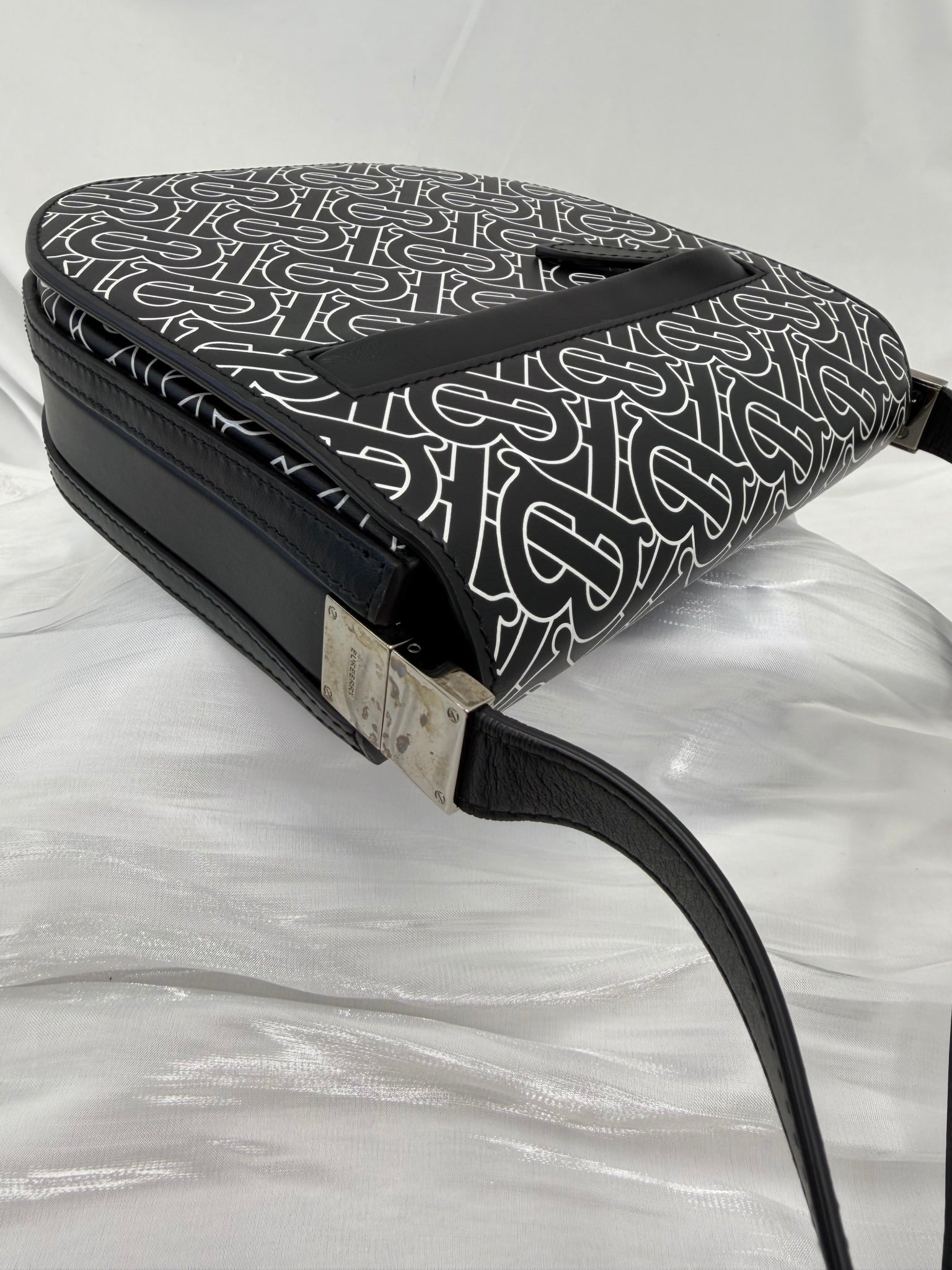Burberry Black & White Printed Leather Olympia Crossbody