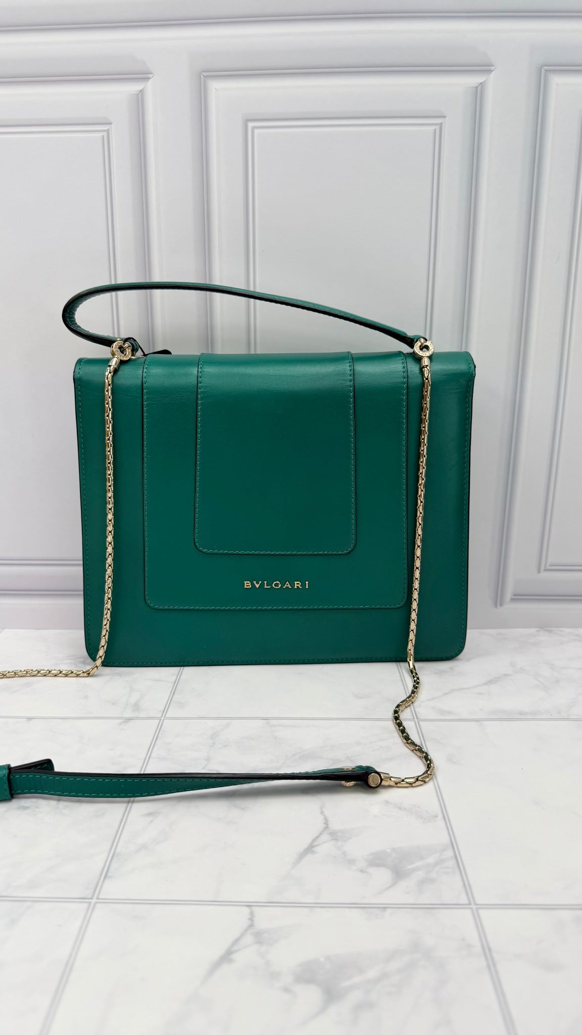 Bvlgari Emerald Green Calfskin Serpenti Forever Top Handle Chain Bag