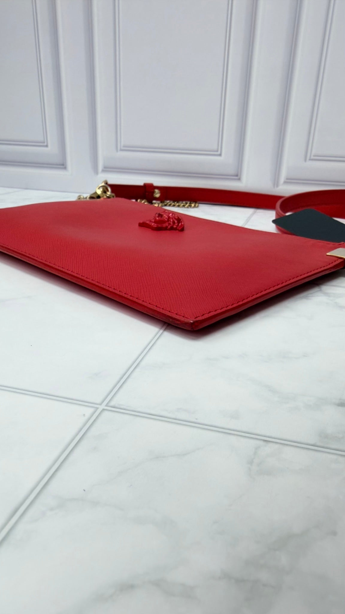 Versace Red Leather Monochrome Medusa Wristlet Crossbody