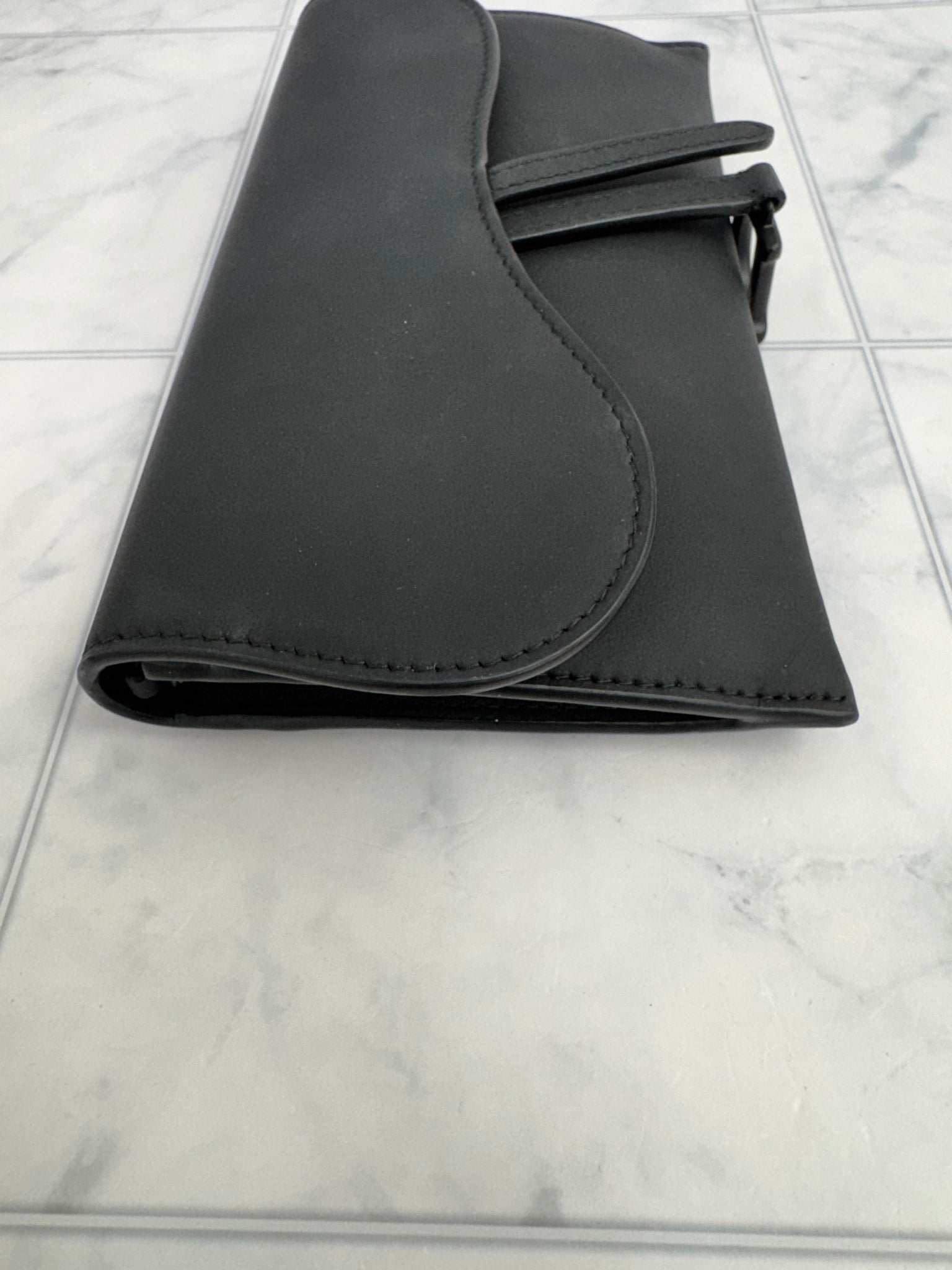 Christian Dior Black Ultra Matte Calfskin Long Saddle Wallet On A Chain