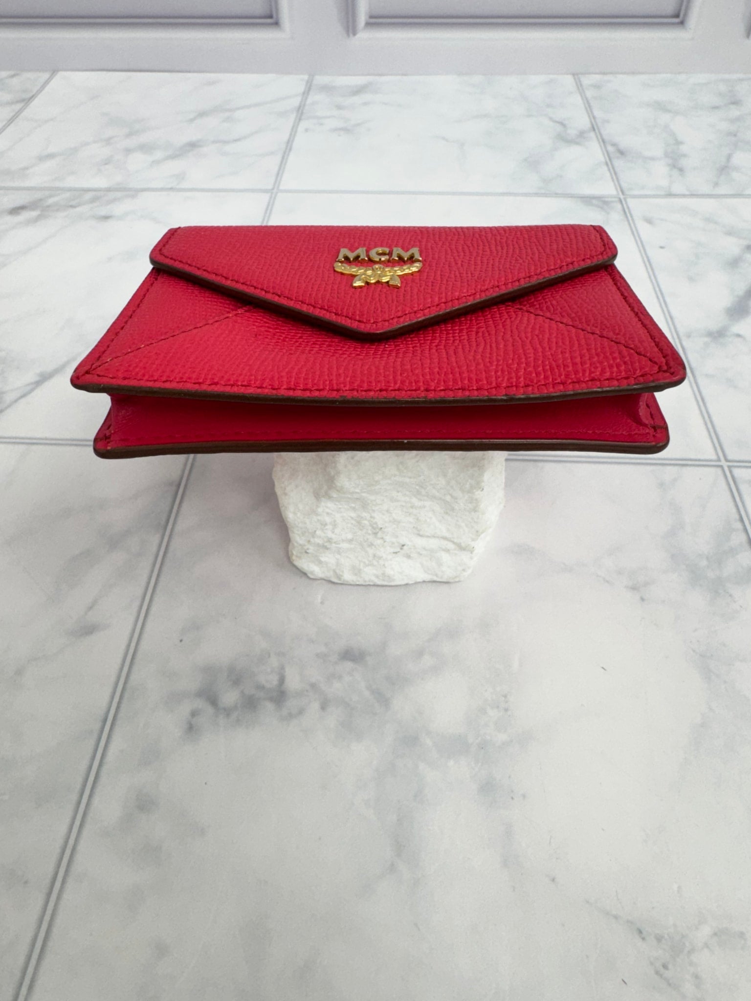 MCM Red Grained Leather Envelope Card Case
