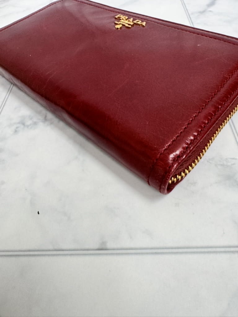 Prada Dark Red Patent Leather Long Zippy Wallet