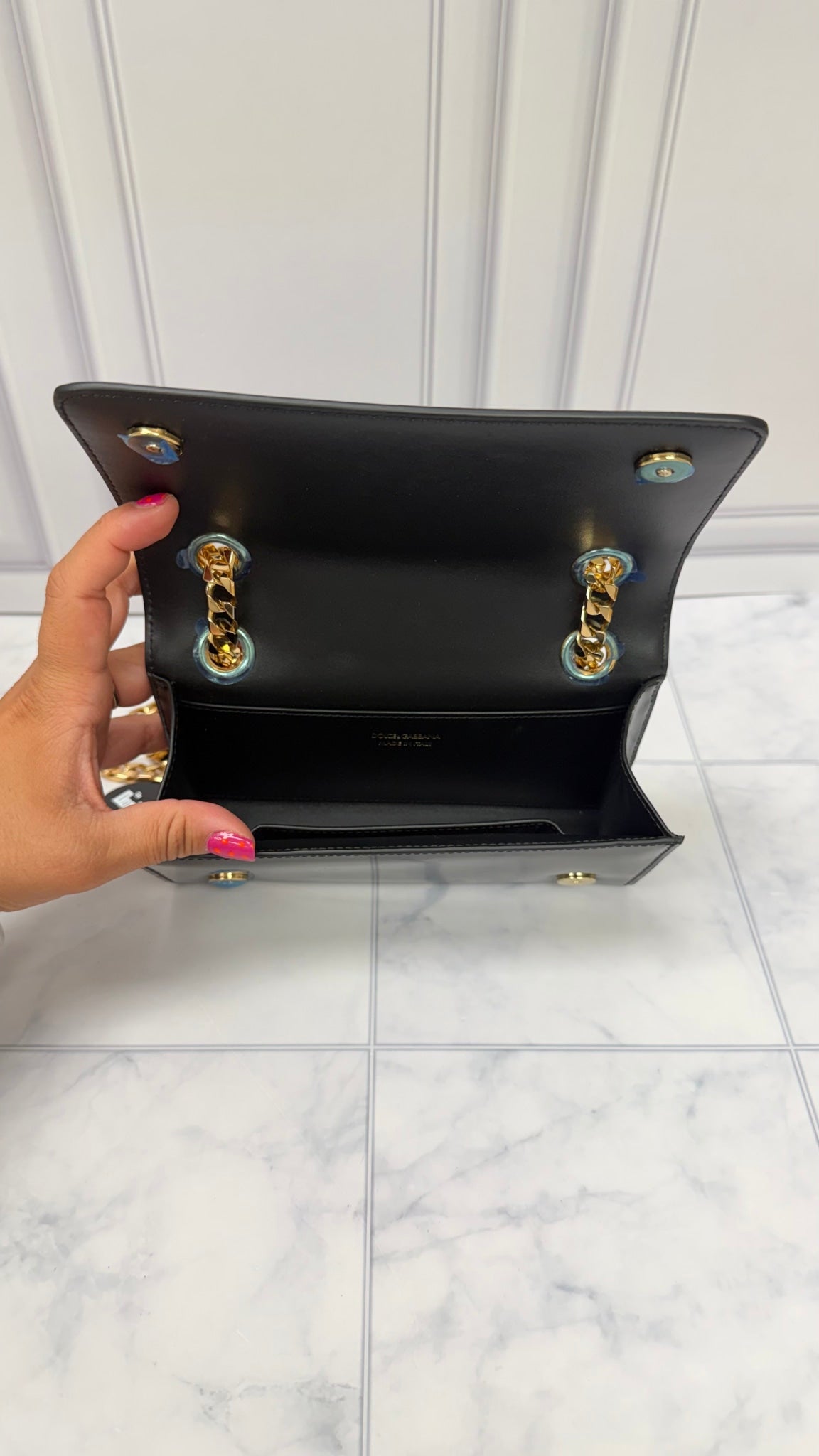 Dolce and Gabbana Black Patent Leather Chain Shoulder Bag 