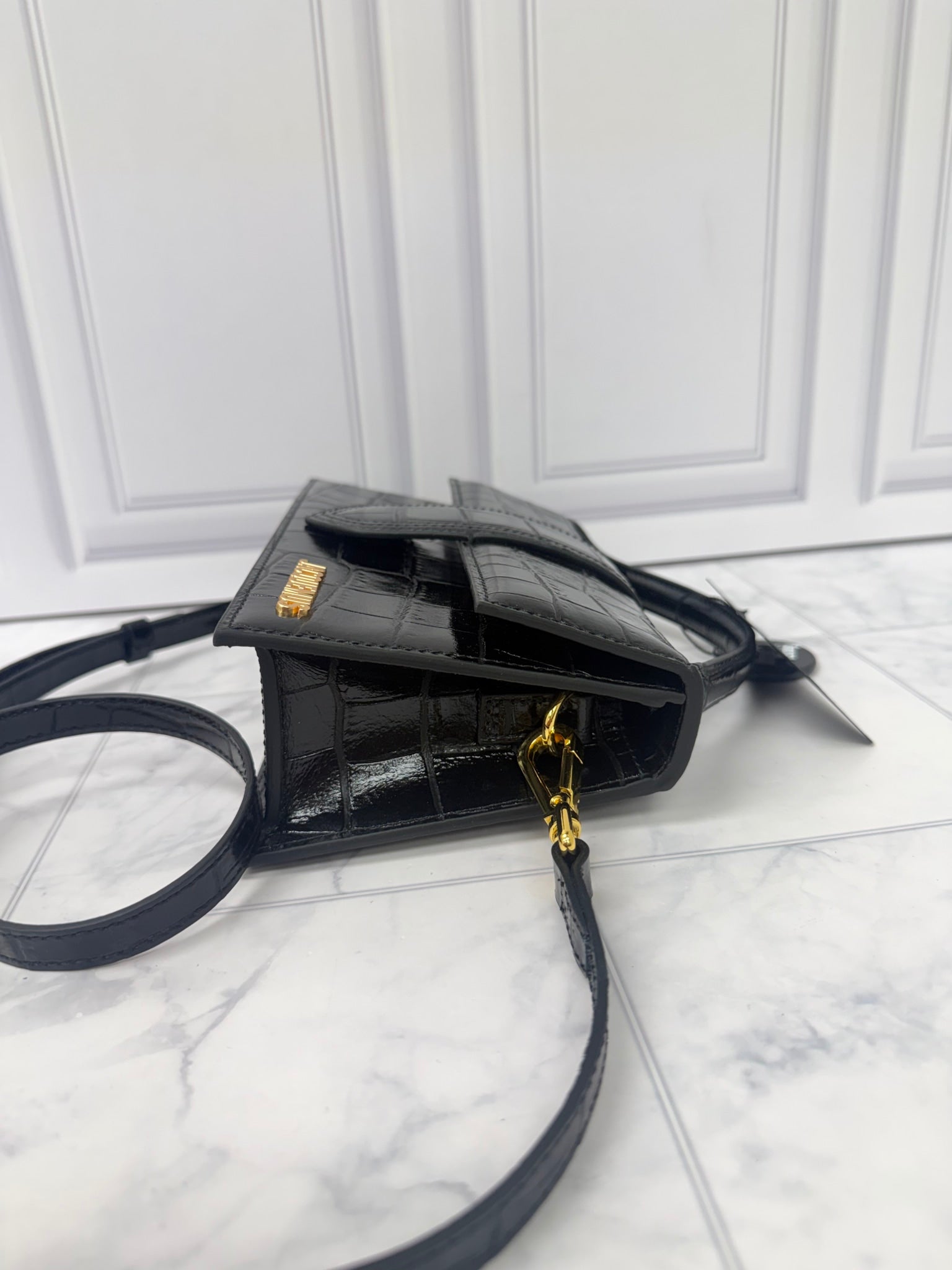 BRAND NEW - Jacquemus Black Croc Embossed Leather Le Grand Bambino 2Way Handbag