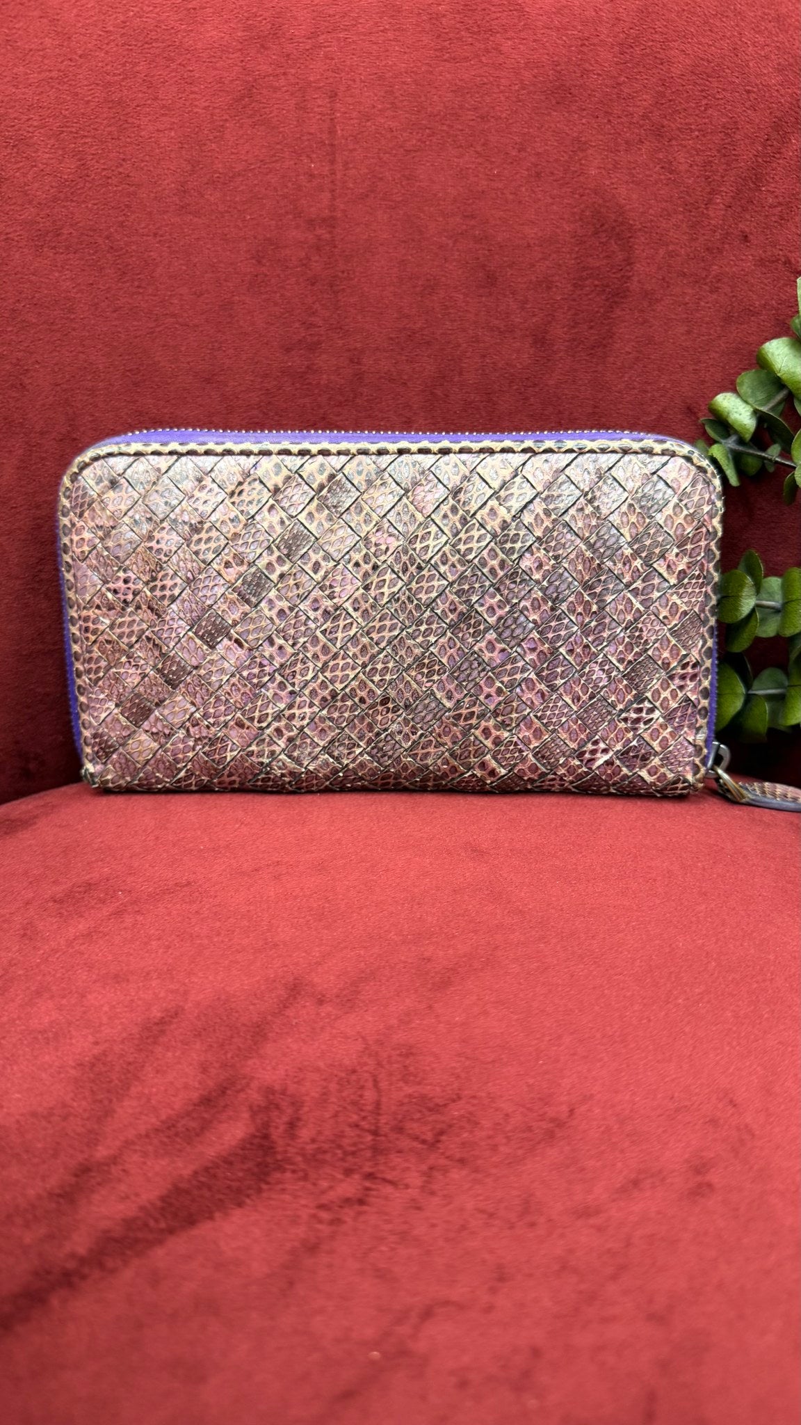 Bottega Veneta Purple Snakeskin Intrecciato Leather Zippy Wallet