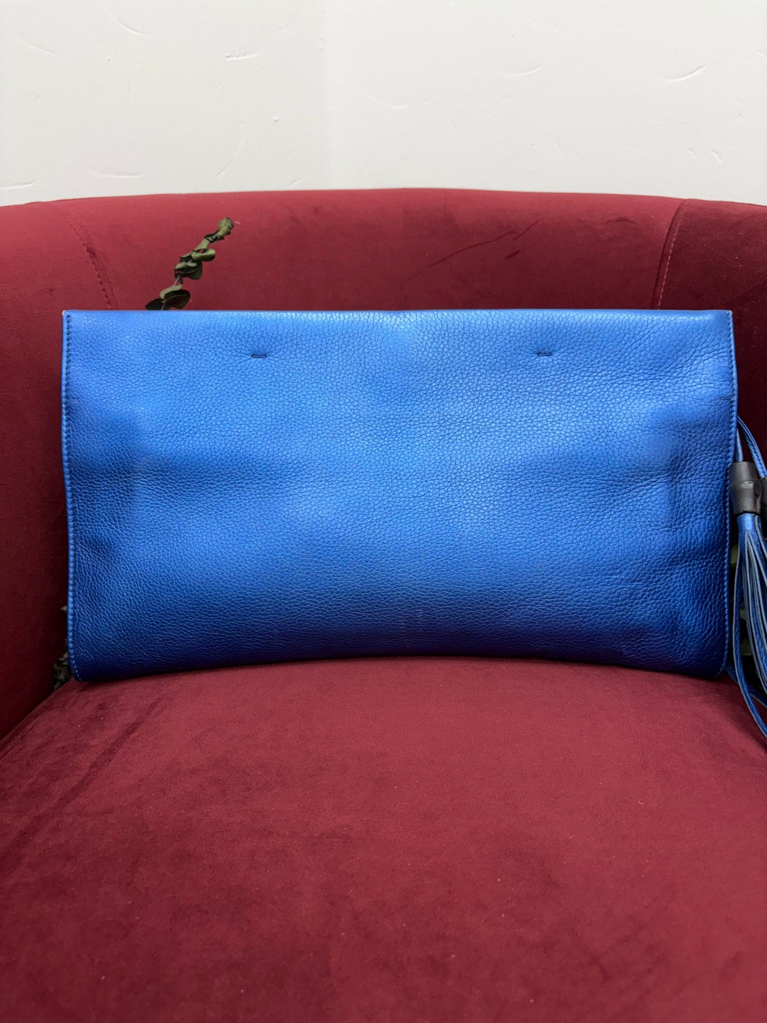 Gucci Metallic Blue Leather Bamboo Tassel Clutch