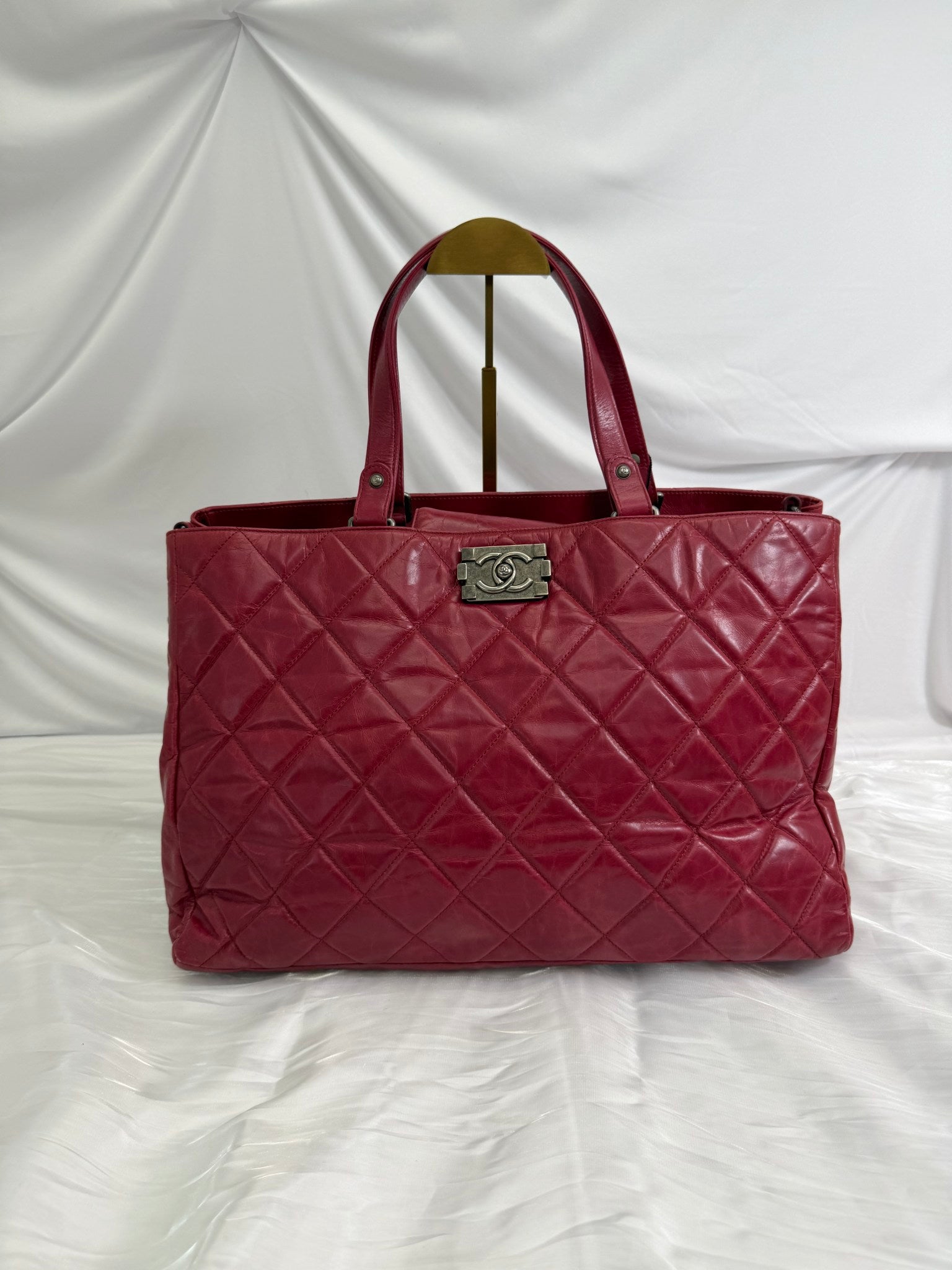 Chanel Red Quilted Glazed Calfskin Boy Bag Tote