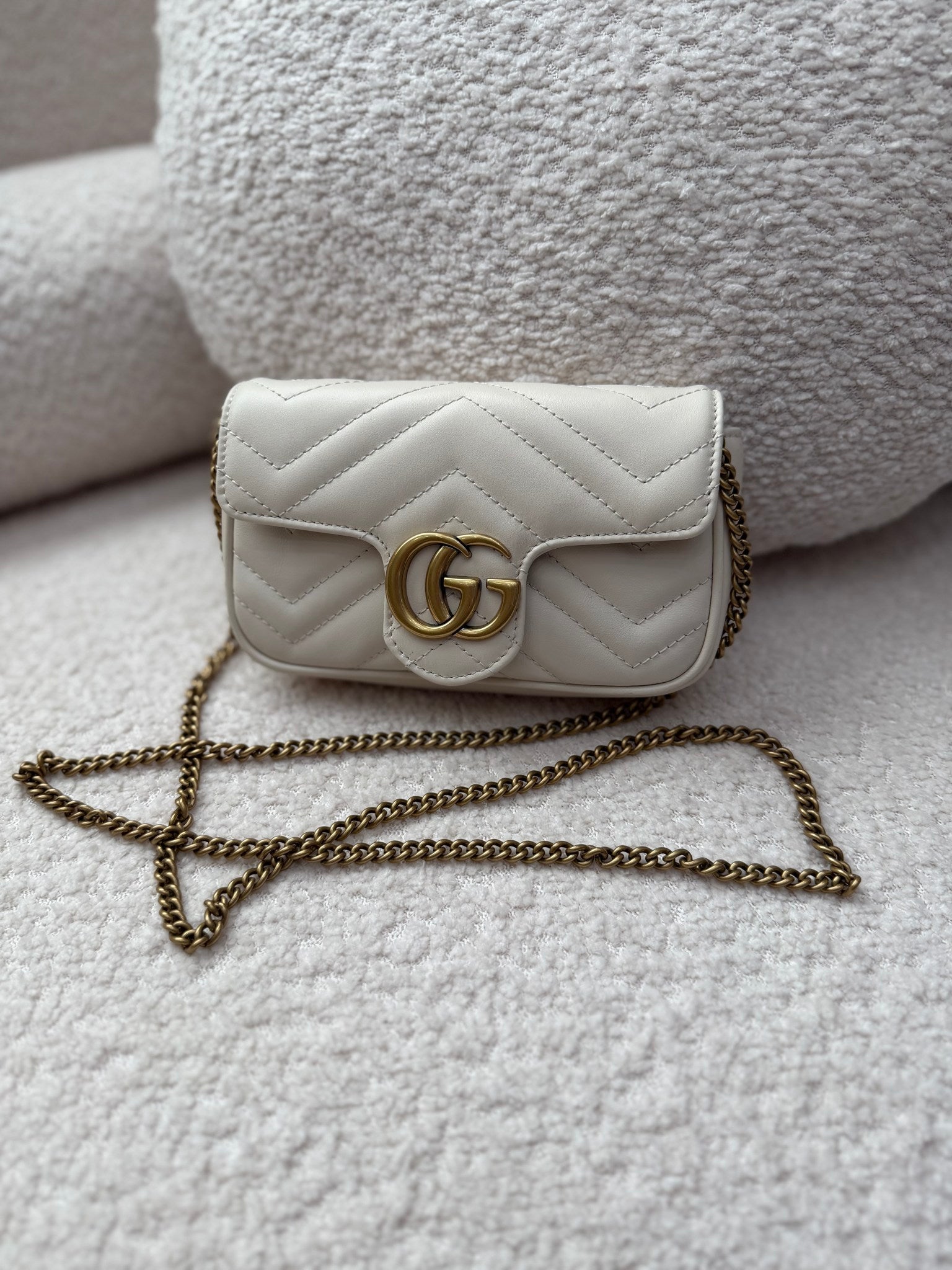 Gucci Ivory Leather Chevron Marmont Super Mini Bag