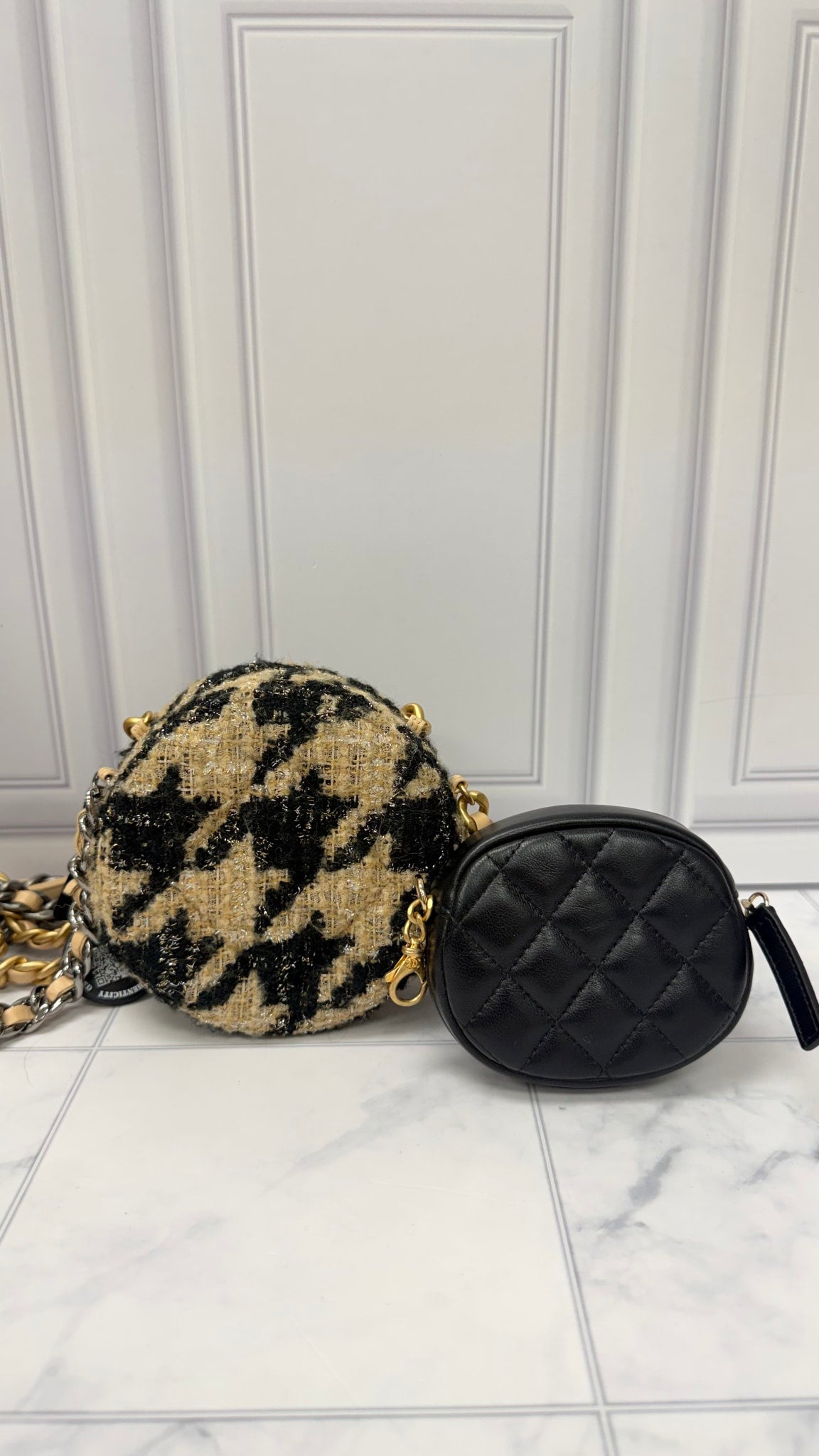 Chanel Beige & Black Quilted Wool Round Chanel 19 And Coin Pouch Chain Crossbody 