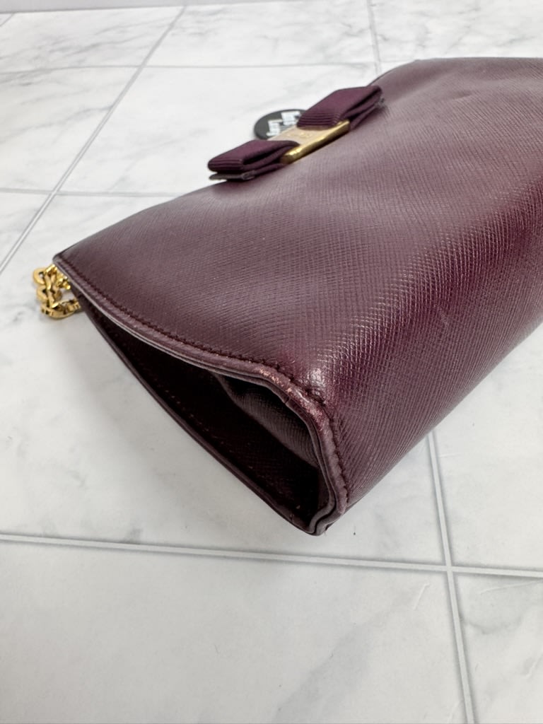 Salvatore Ferragamo Dark Purple Saffiano Leather Vara Bow Mini Chain Shoulder Bag