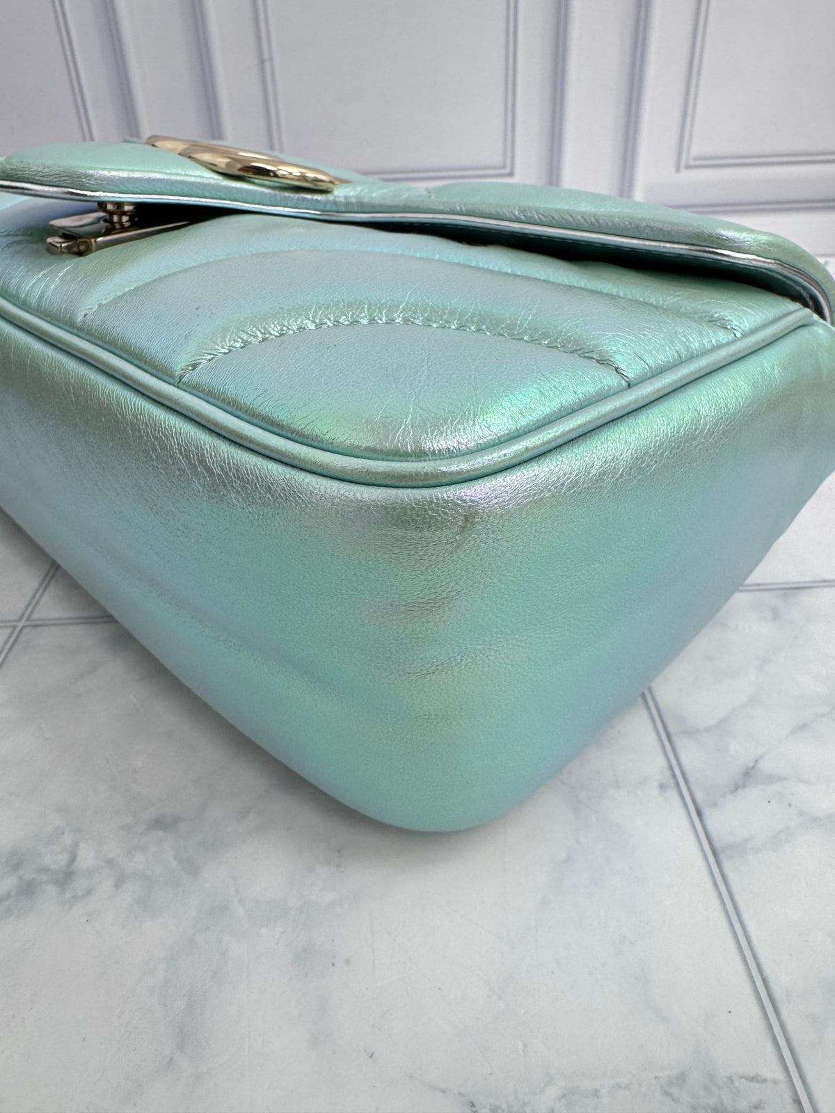 Gucci Iridescent Salvy Green GG Marmont Small Matelasse Shoulder Bag