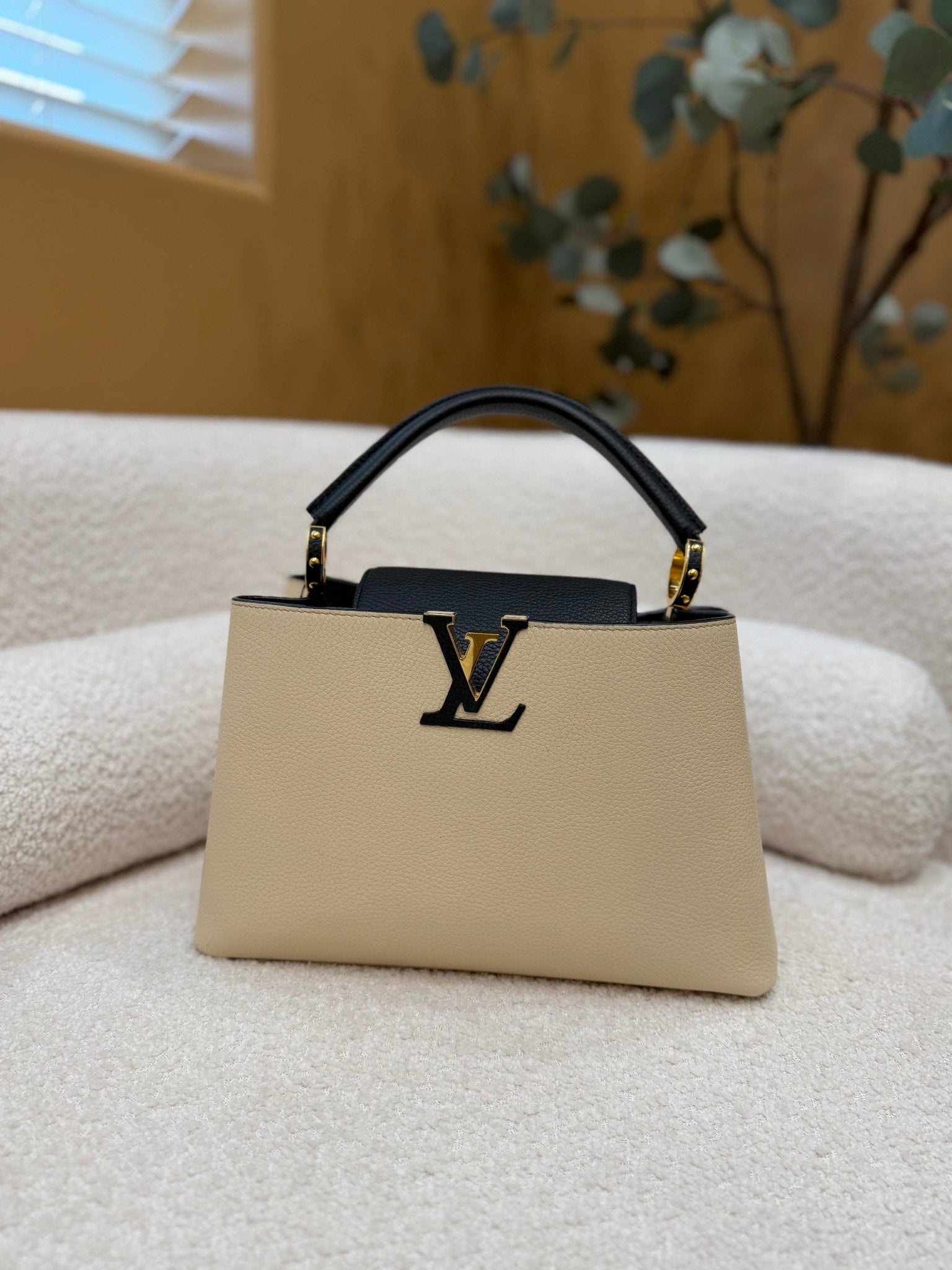 Louis Vuitton Beige & Black Taurillon Leather Capucines PM Bag