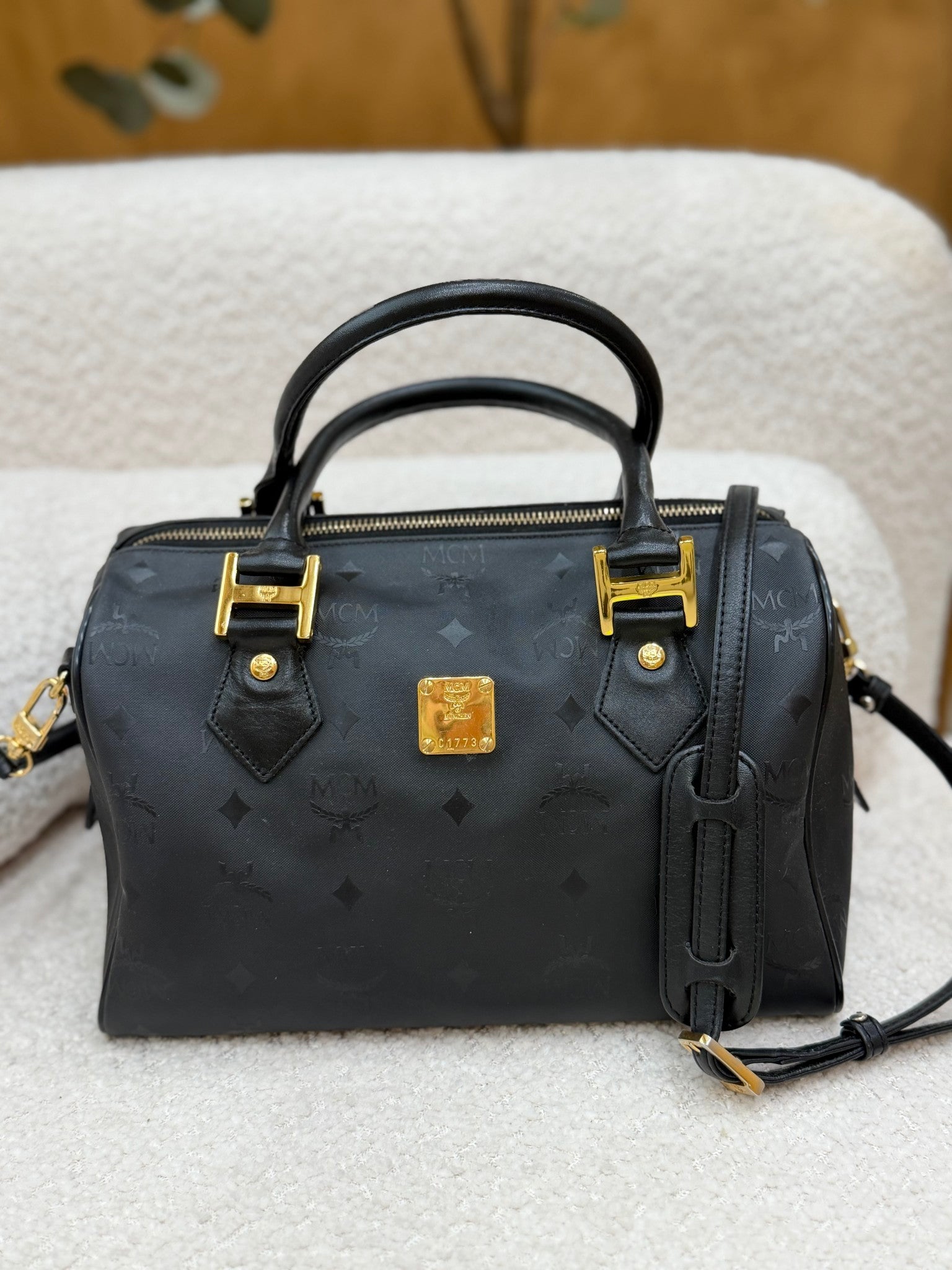 MCM Black Coated Canvas Boston Bag