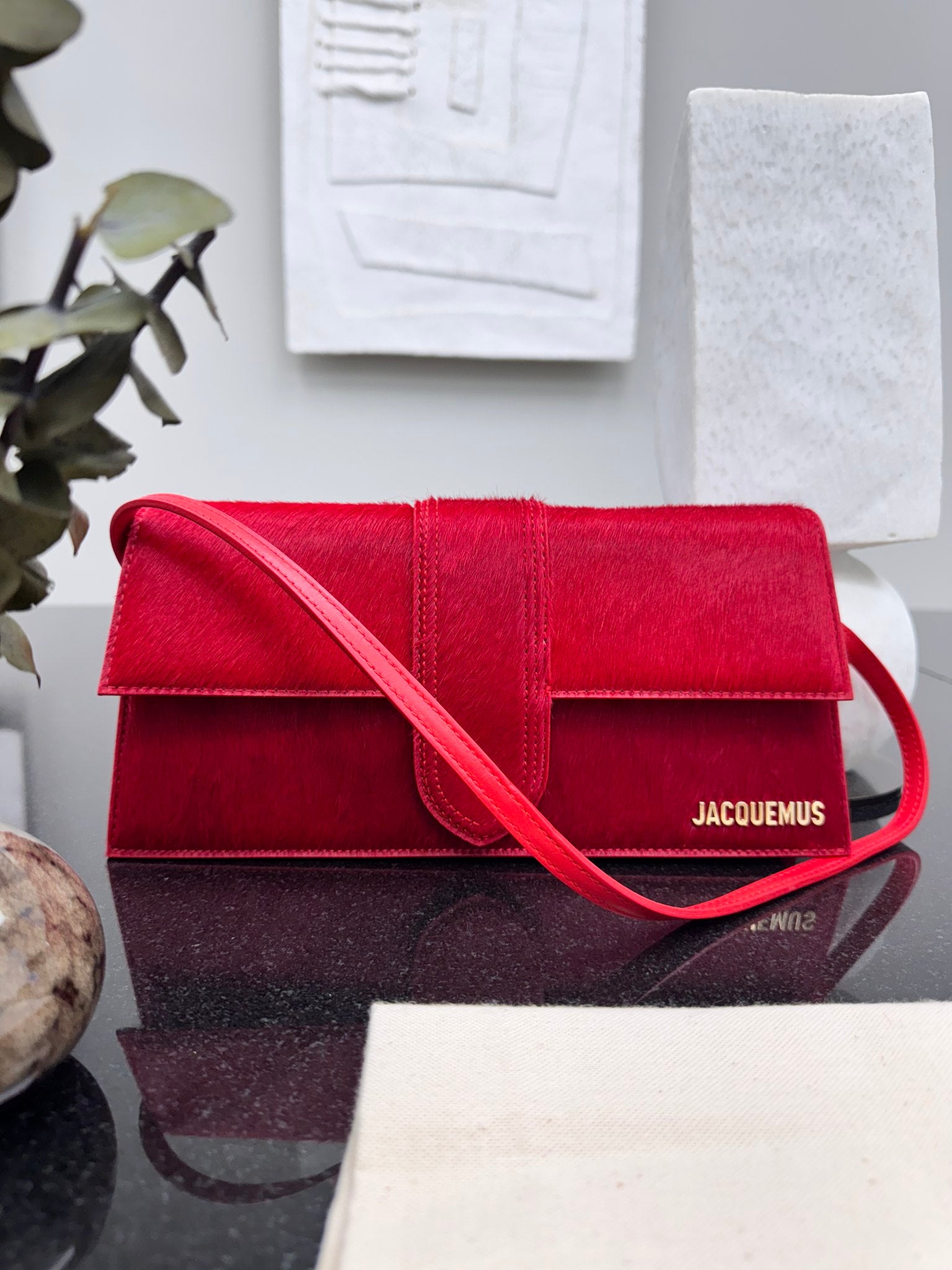BRAND NEW - Jacquemus Red Pony Hair Le Bambino Long Shoulder Bag