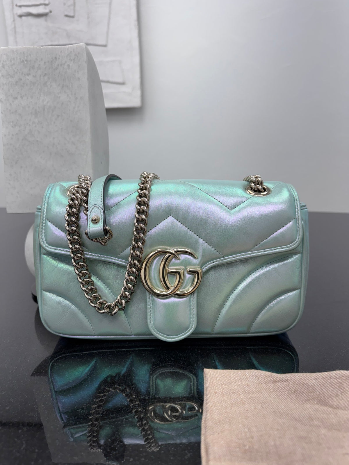 Gucci Iridescent Salvy Green GG Marmont Small Matelasse Shoulder Bag