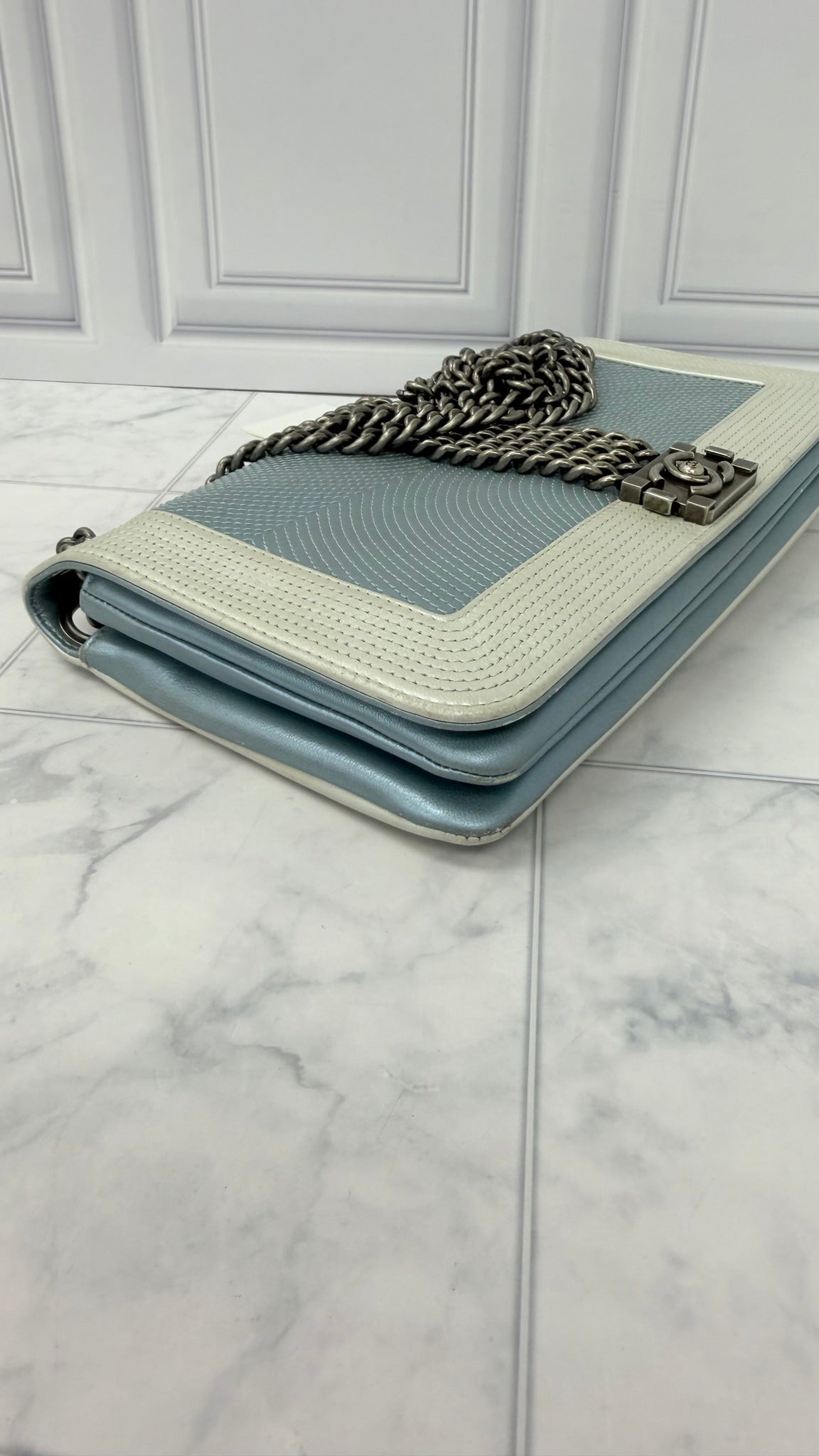 Chanel Blue And White Quilted Leather Rock Boy Flap Bag