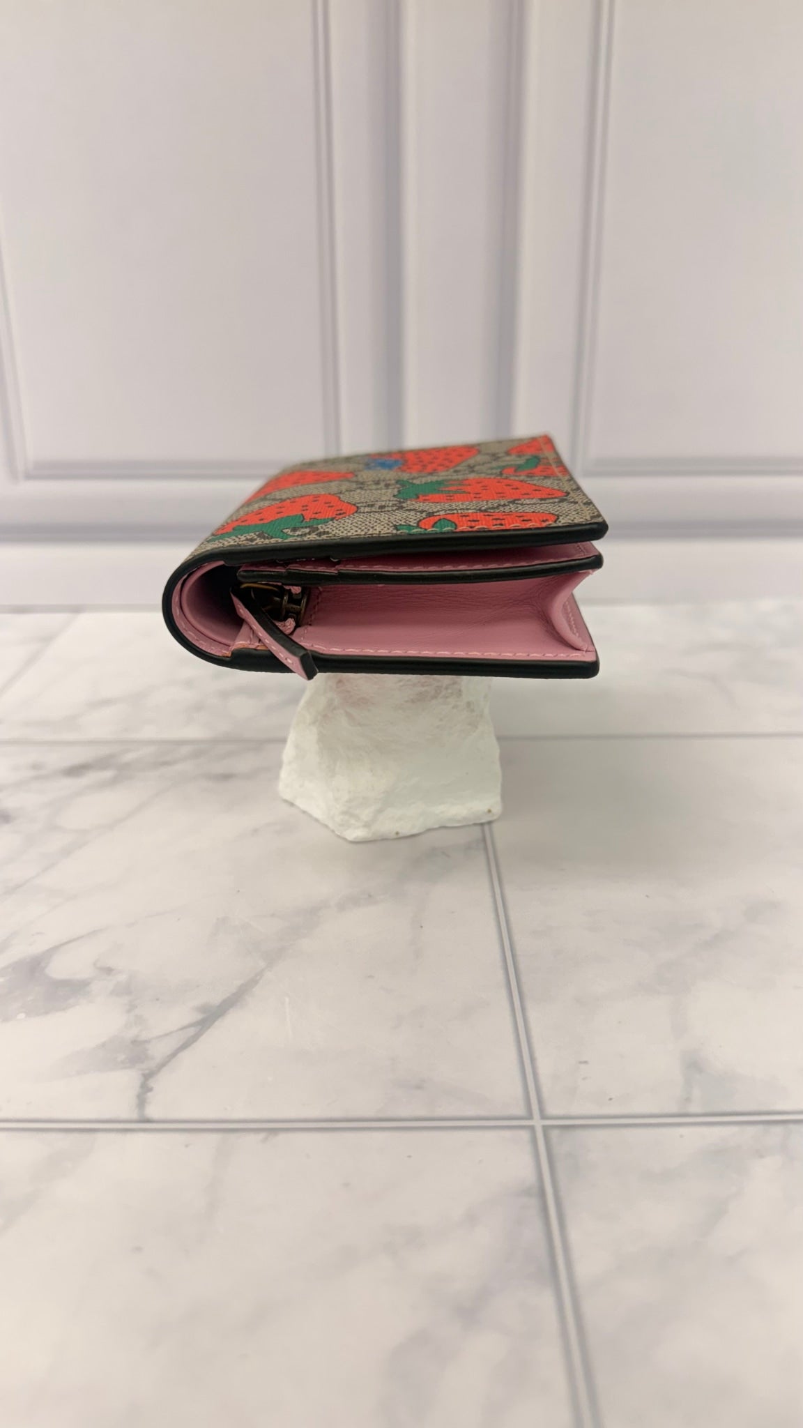 Gucci Pink GG Supreme Strawberry Compact Wallet 