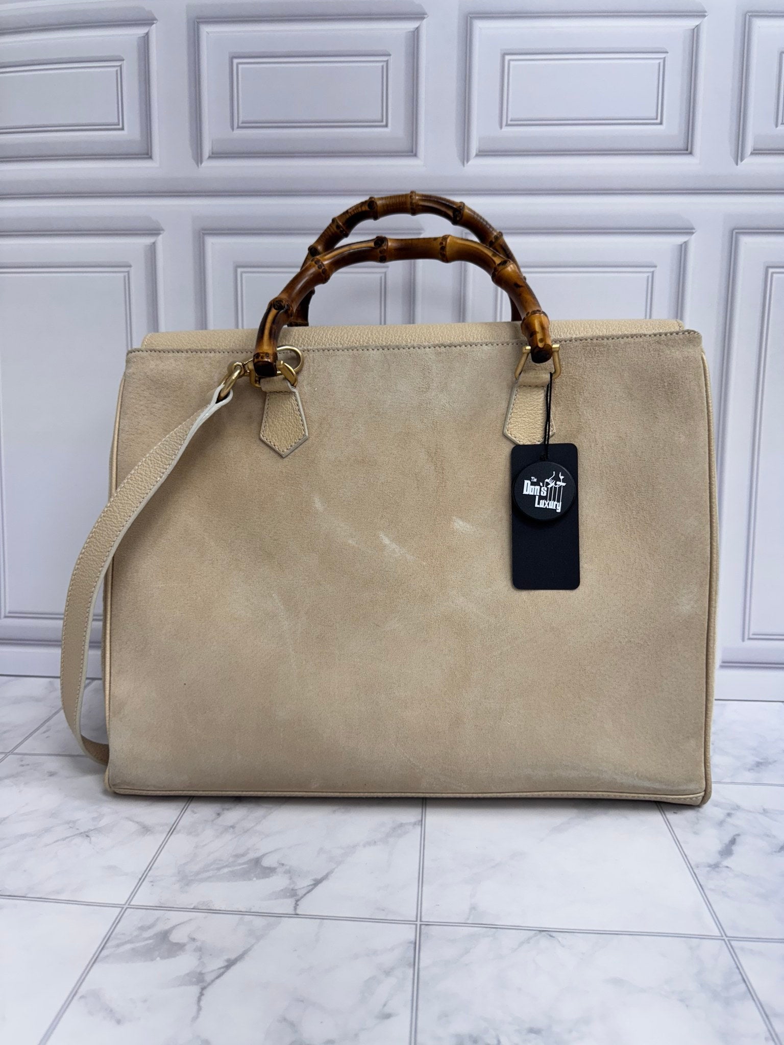 Gucci Beige Suede And Bamboo Top Handle Medium Shopper 2Way Bag
