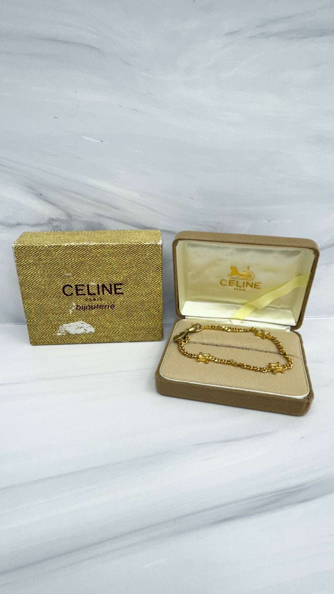 Celine Gold Tone Triomphe Rhinestone Curb Link Bracelet 