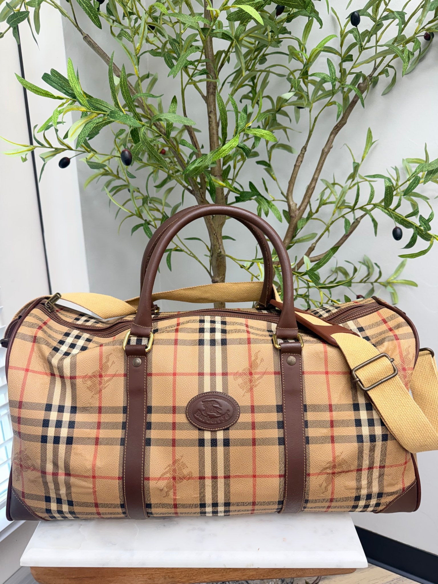 Burberry Beige Haymarket Check Pattern Boston Travel Bag 