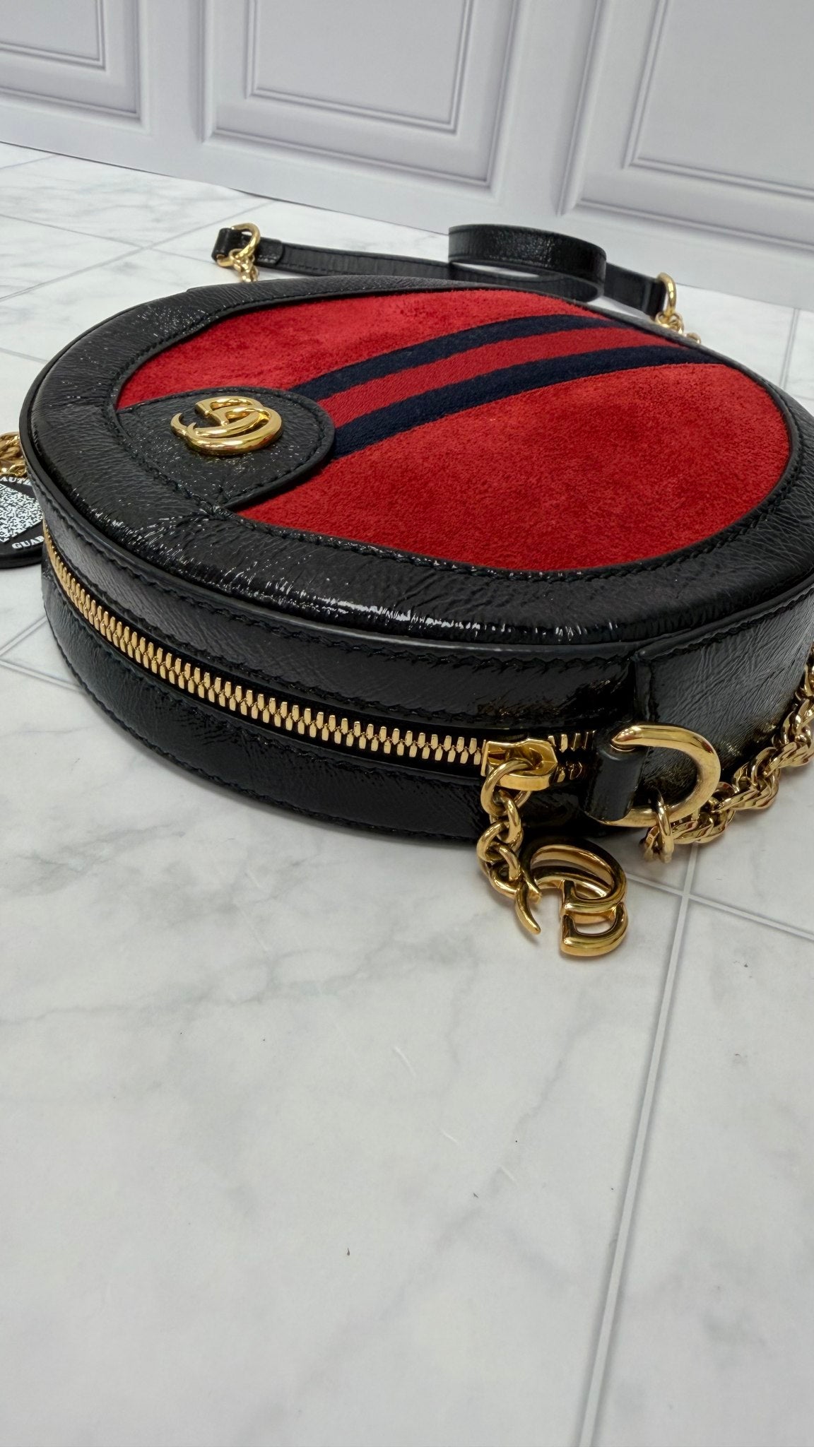 Gucci Red Suede & Black Patent Leather Round Marmont Mini Round Chain Bag
