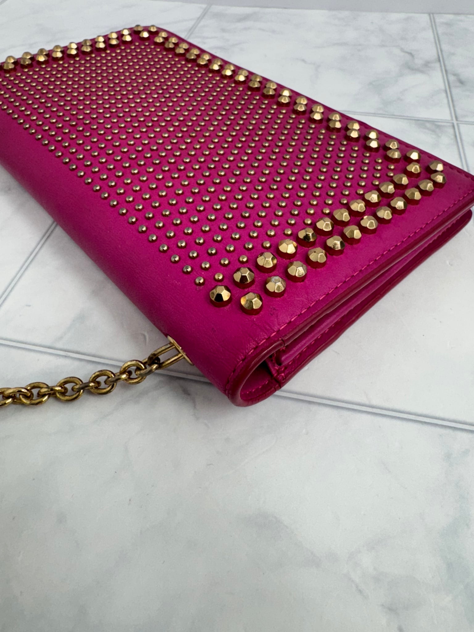 MCM Pink Studded Leather Wallet On A Chain