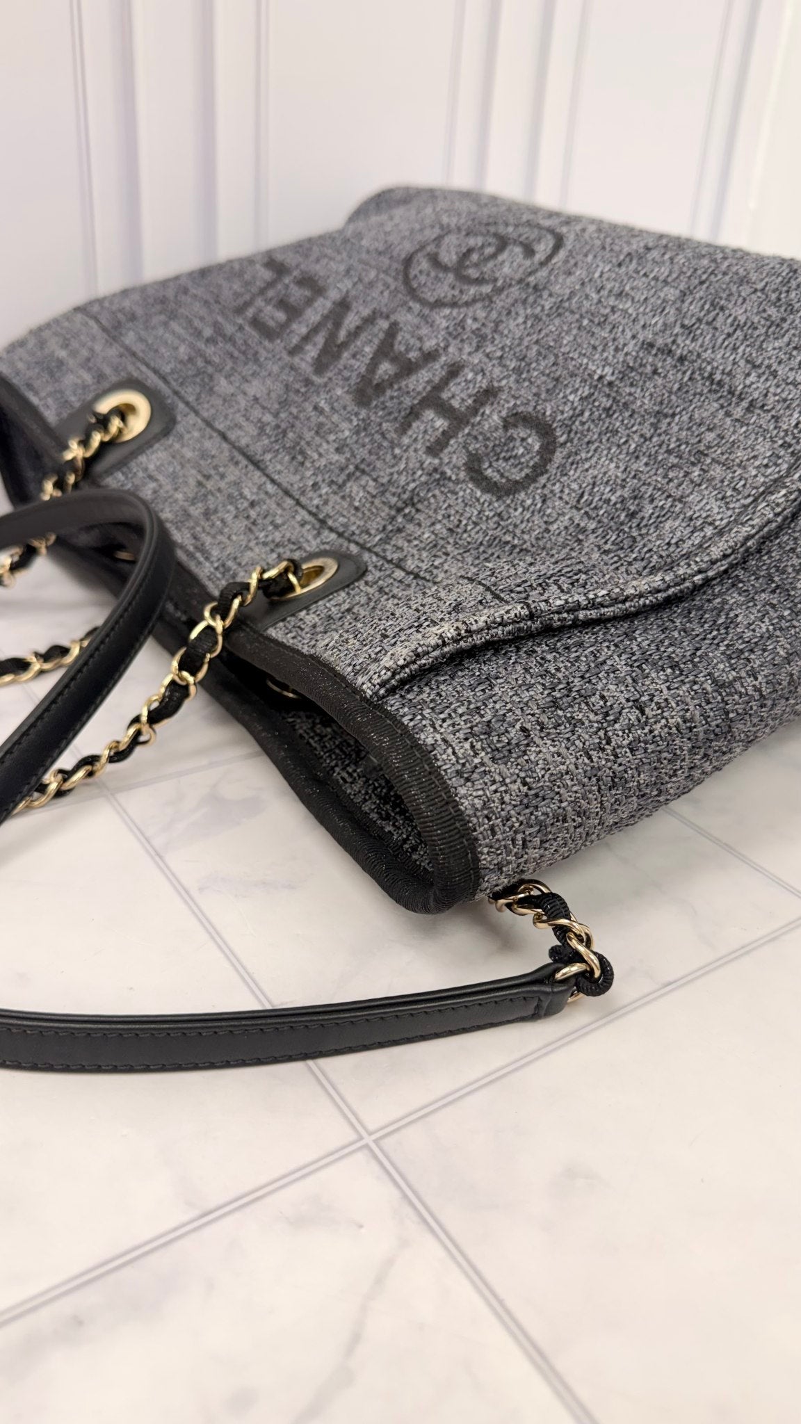 Chanel Grey Tweed Canvas Deauville Small Tote Bag 
