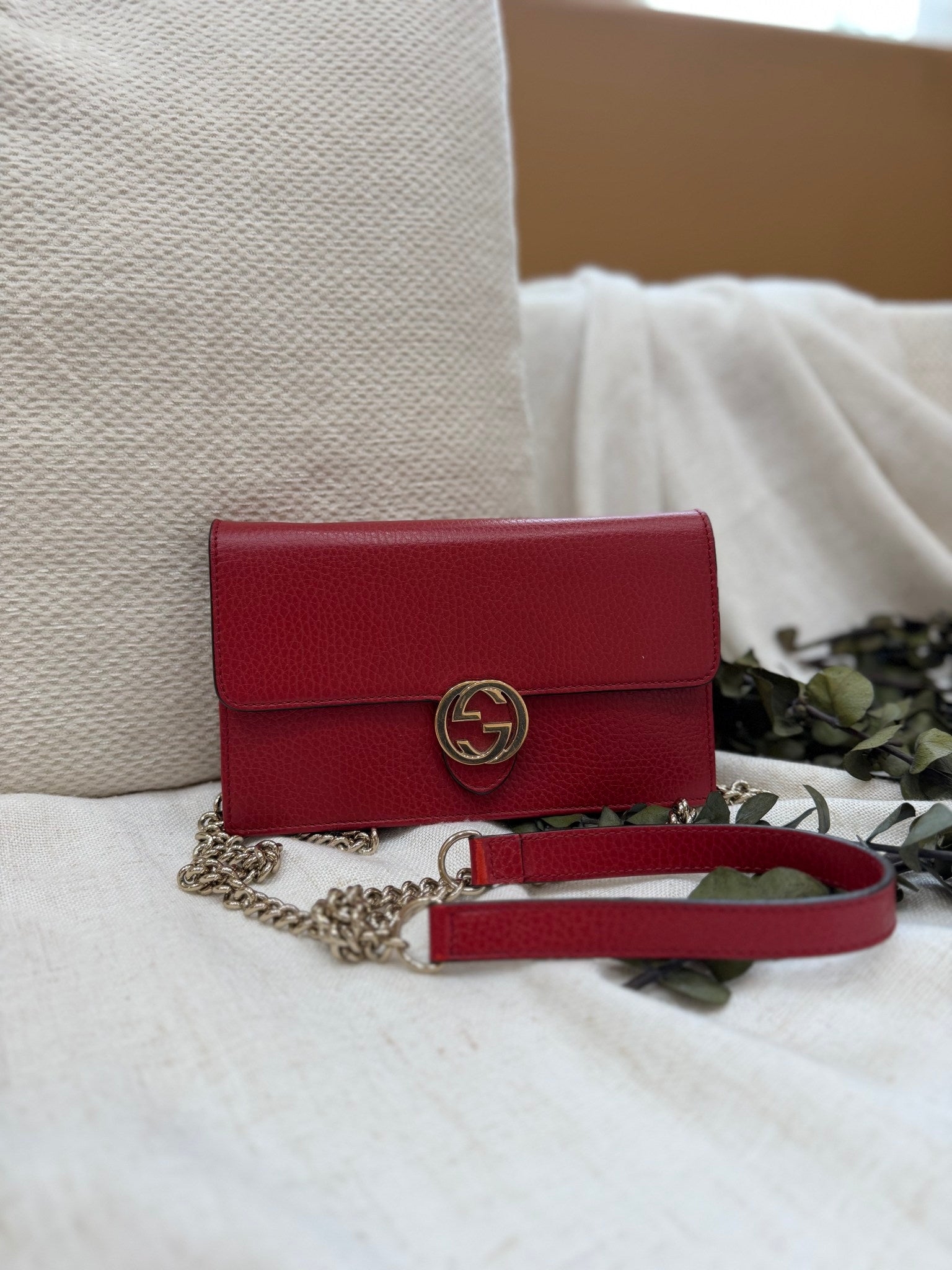 Gucci Red Leather Interlocking G Wallet on a Chain