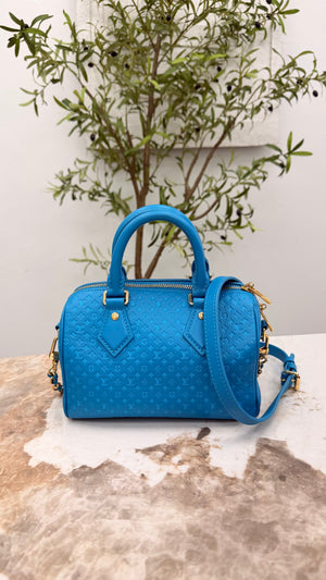 LIKE NEW - Louis Vuitton Bright Blue Calfskin Nanogram Embossed Speedy Bandouliere 20