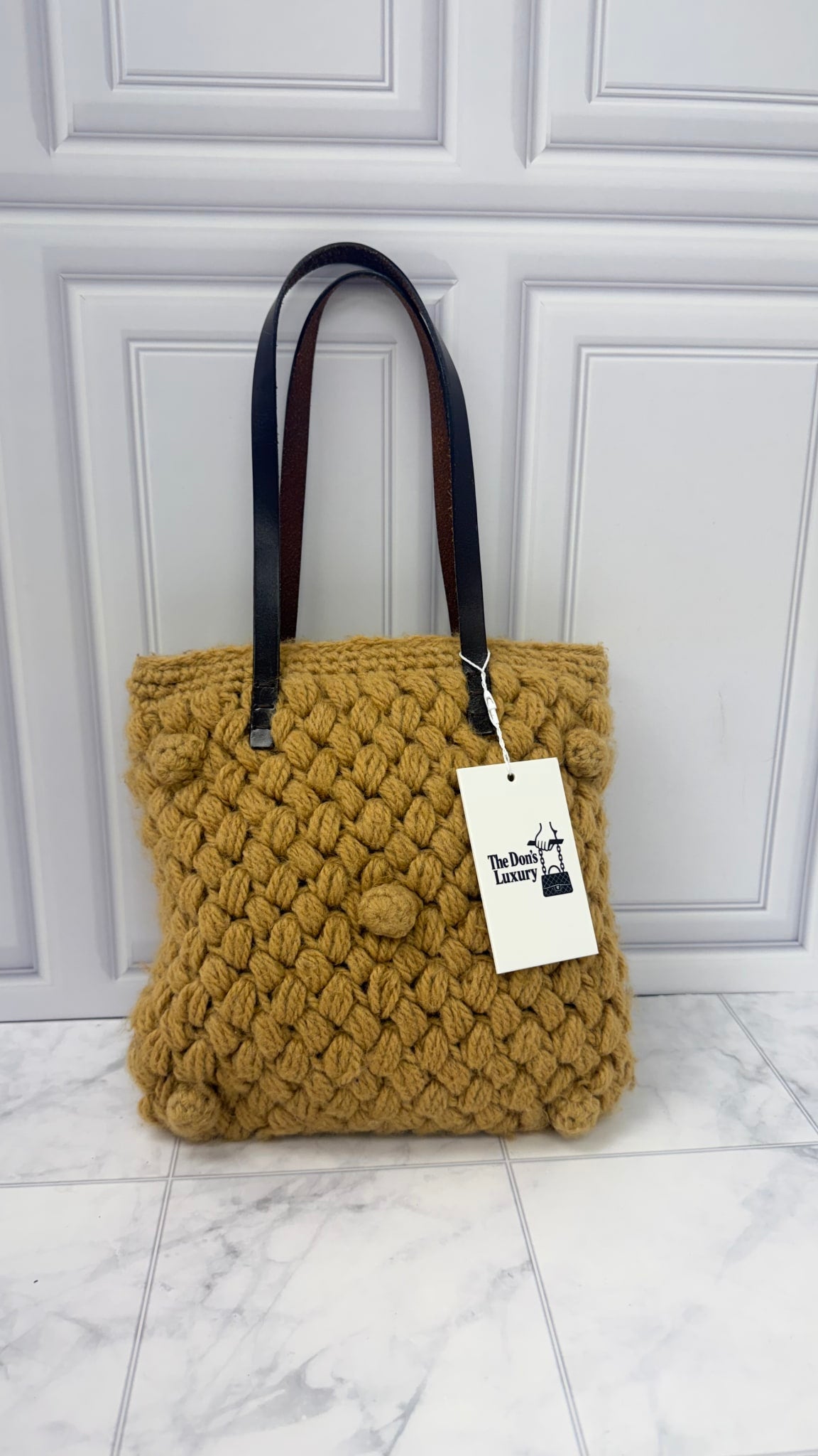 Fendi Camel Wool Crochet Knit Tote Bag 