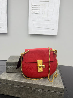 Chloe Red Grained Leather Drew Chain Crossbody Bag