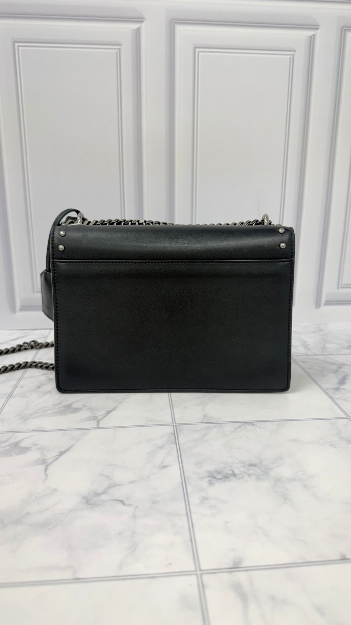 Saint Laurent YSL Black Leather Medium Studded Monogram Heart Sunset Crossbody Bag 