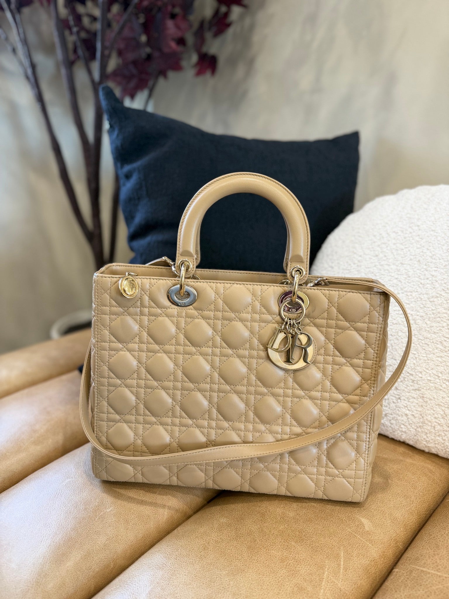 Christian Dior Tan Cannage Leather Large Lady Dior Handbag