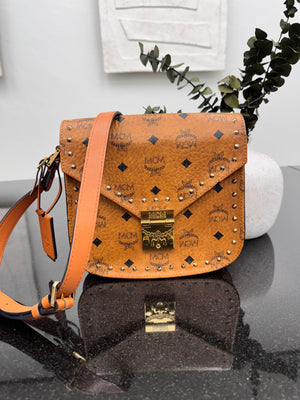 MCM Cognac Visetos Coated Canvas Studded Patricia Outline Small Crossbody Bag