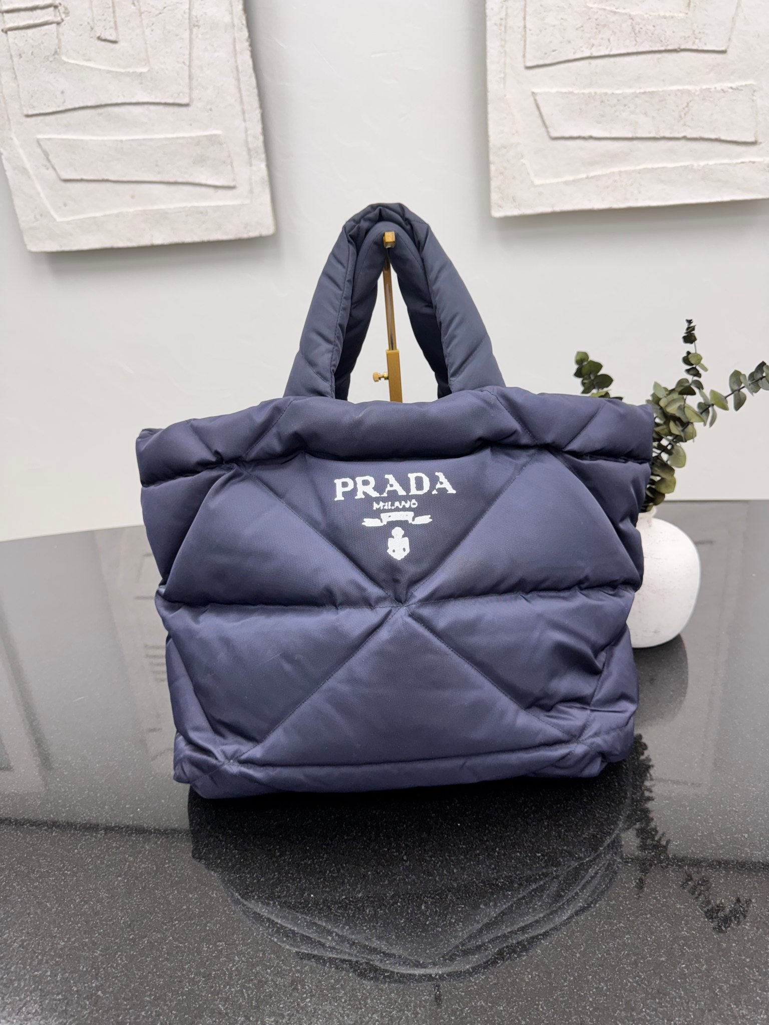 Prada Navy Blue Quilted Padded Nylon Large Tote Bag