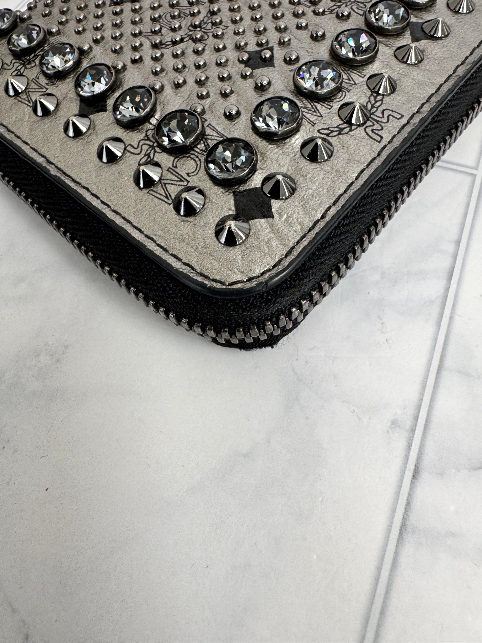 MCM Metallic Silver Visetos Leather Studded Zippy Wallet