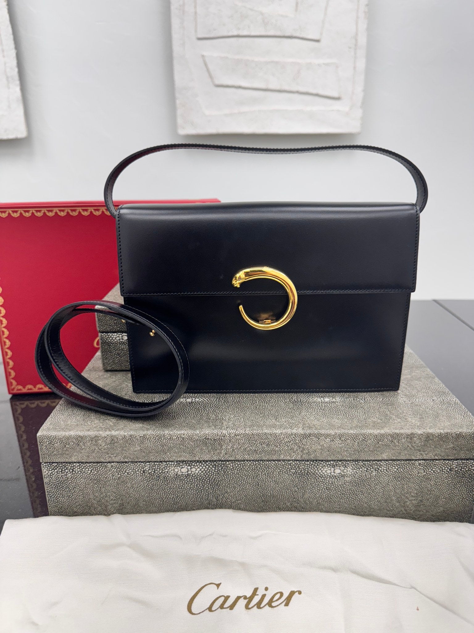 Cartier Black Leather Panthere Double De Cartier Small Top Handle Bag