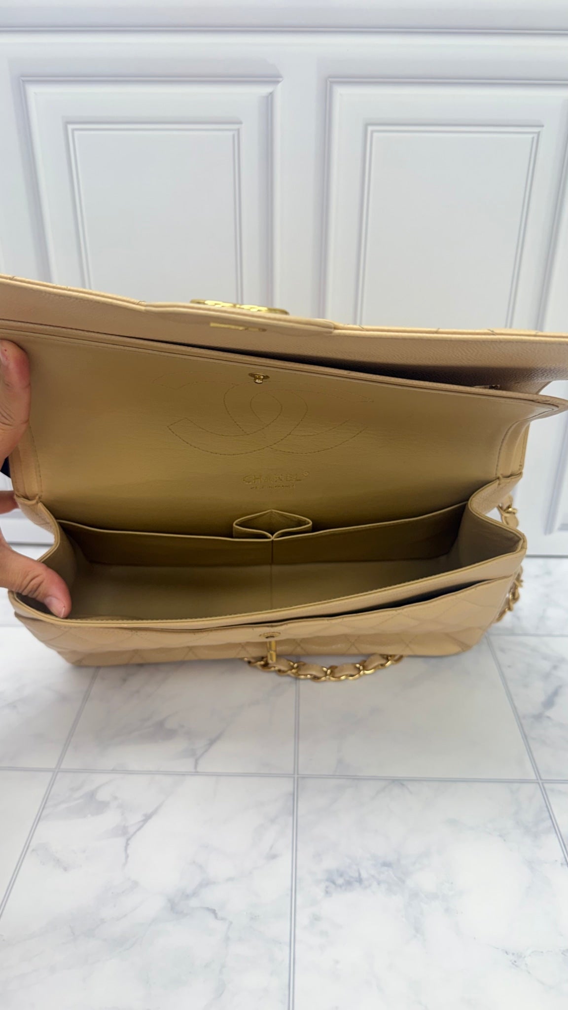 Chanel Beige Caviar Leather Large Double Flap Bag 