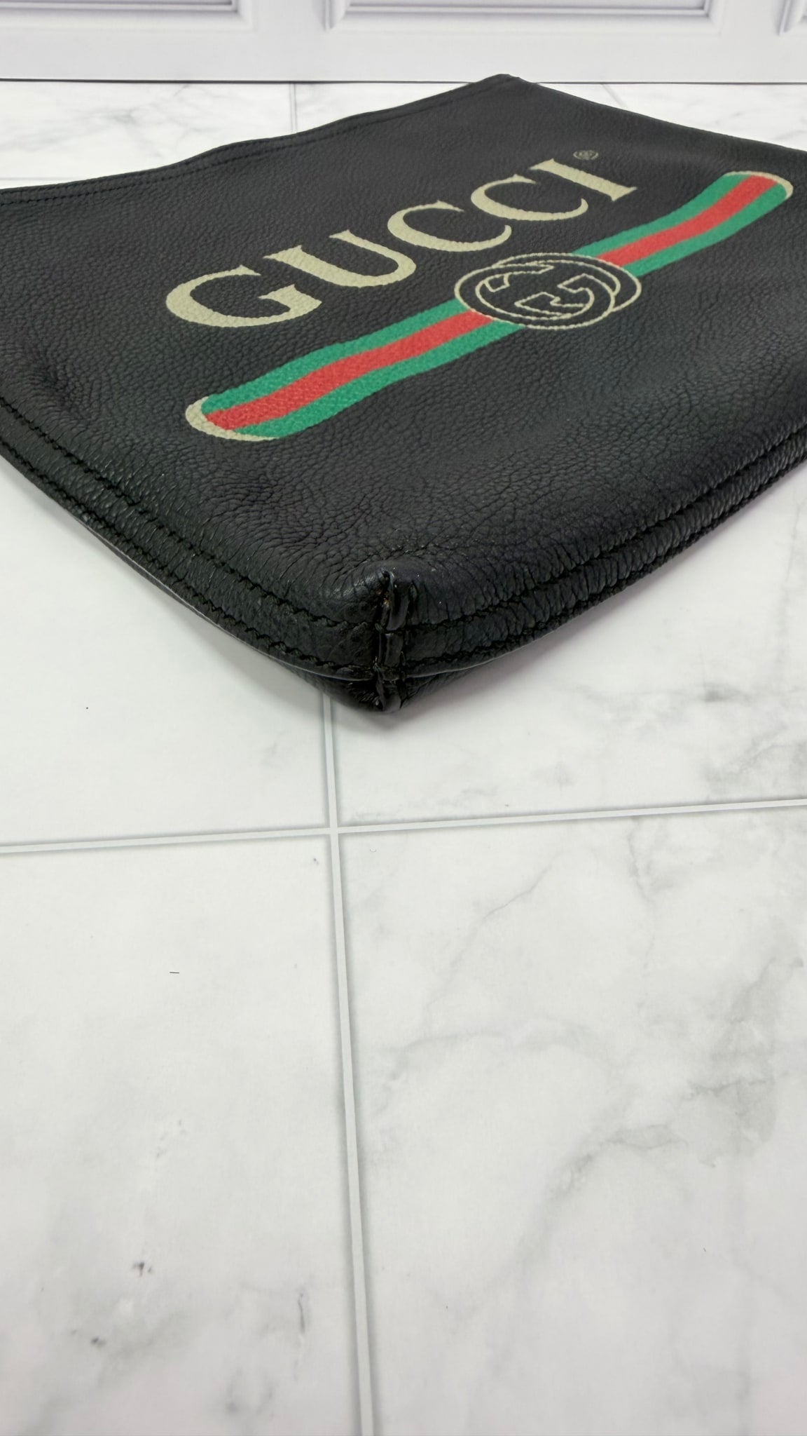 Gucci Black Leather Logo Print Zipper Clutch